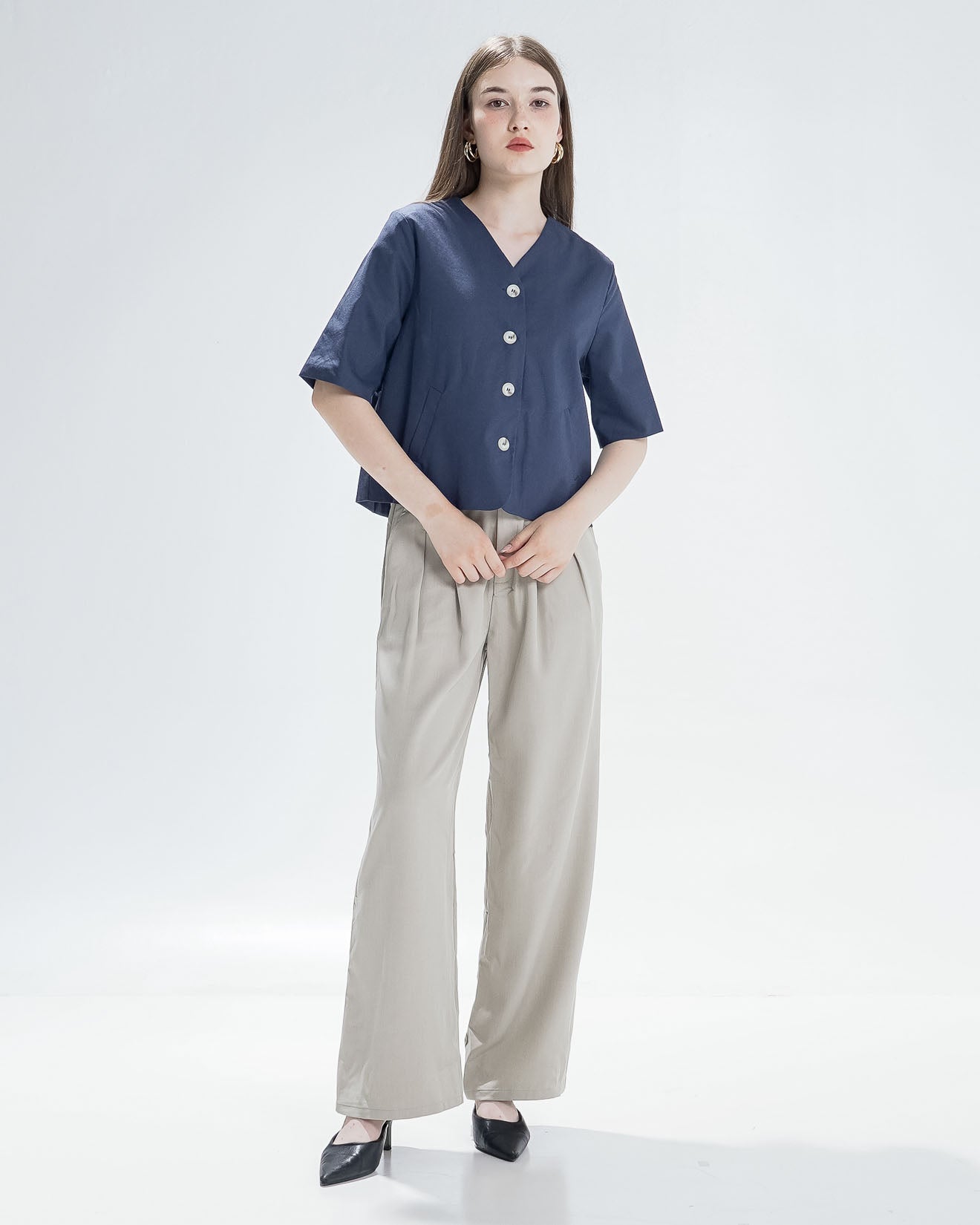 Vixen Linen Navy Top - Atasan Korean Wanita - 190205