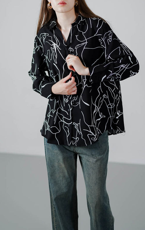Winona Patterned Black Shirt – Kemeja Wanita Lengan Panjang - 190895