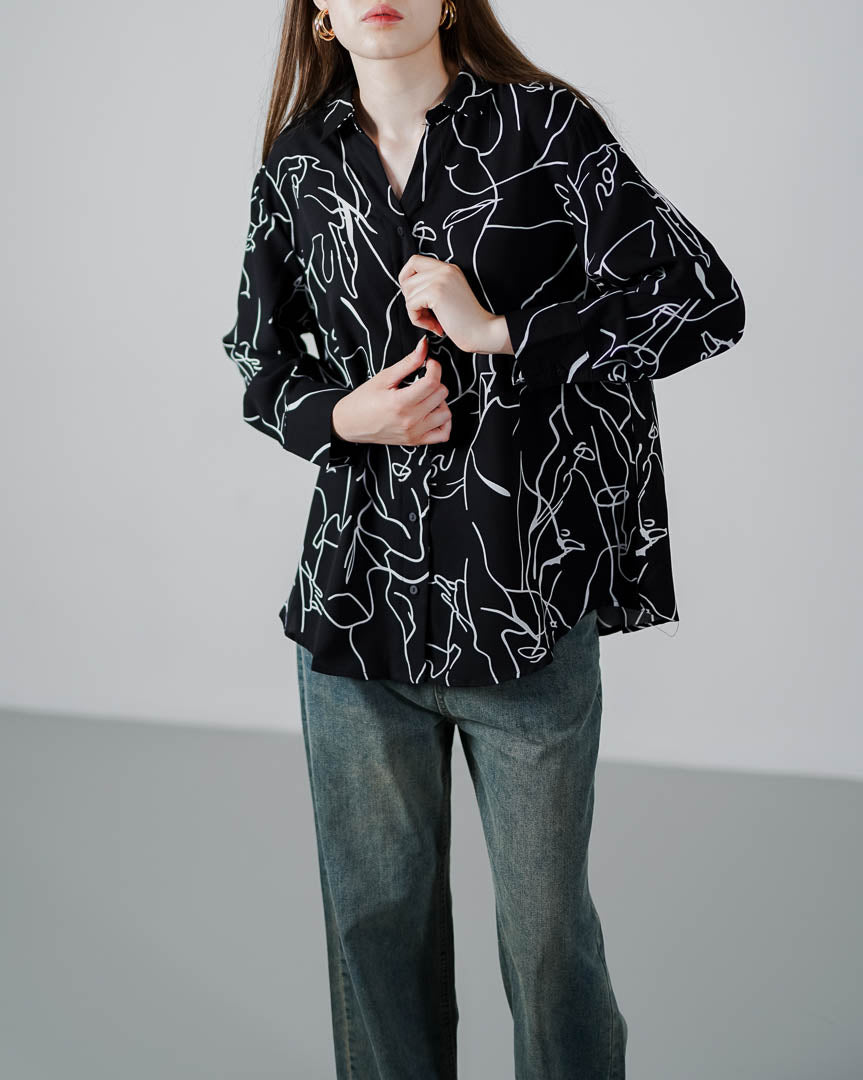 Winona Patterned Black Shirt – Kemeja Wanita Lengan Panjang - 190895