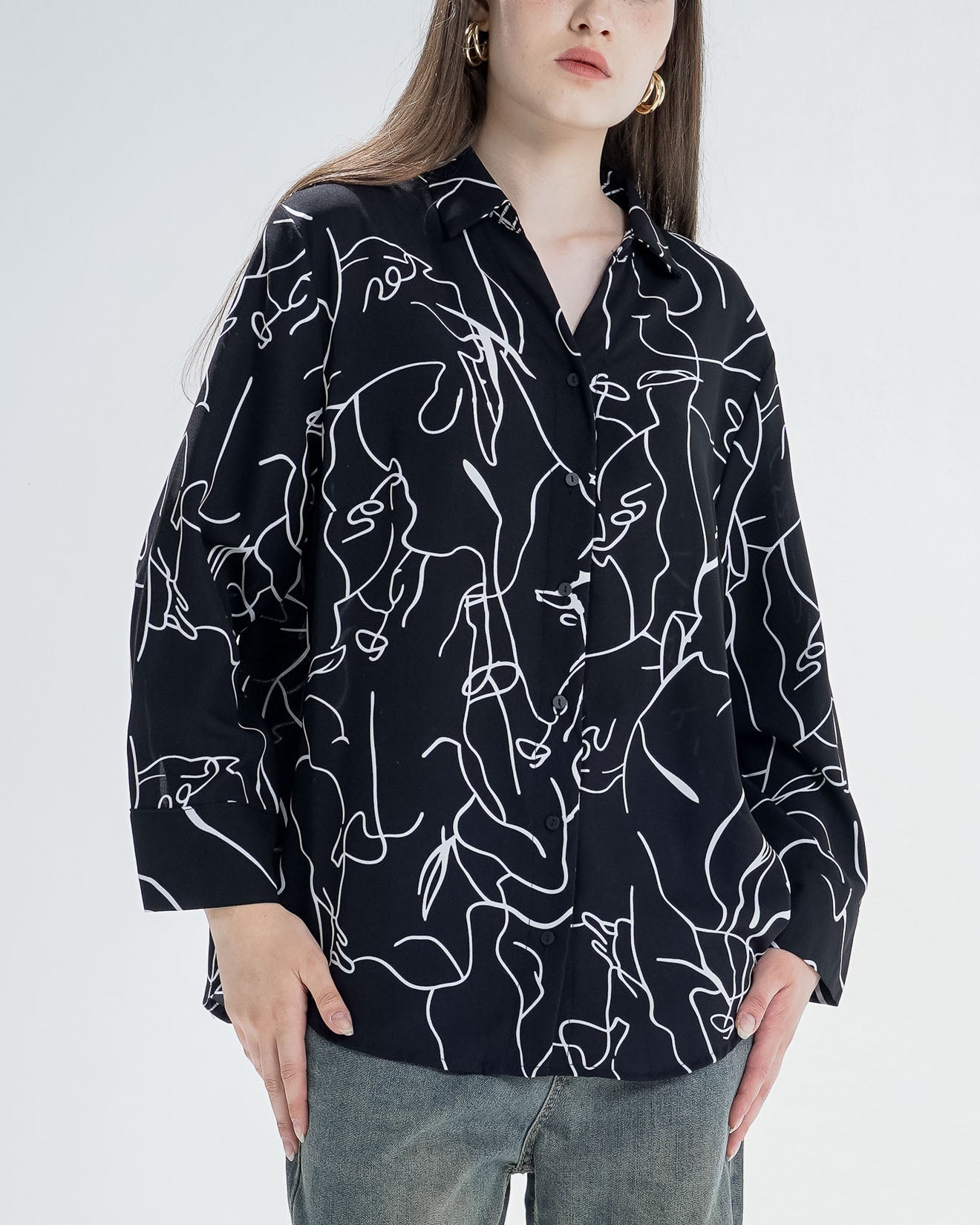 Winona Patterned Black Shirt – Kemeja Wanita Lengan Panjang - 190895