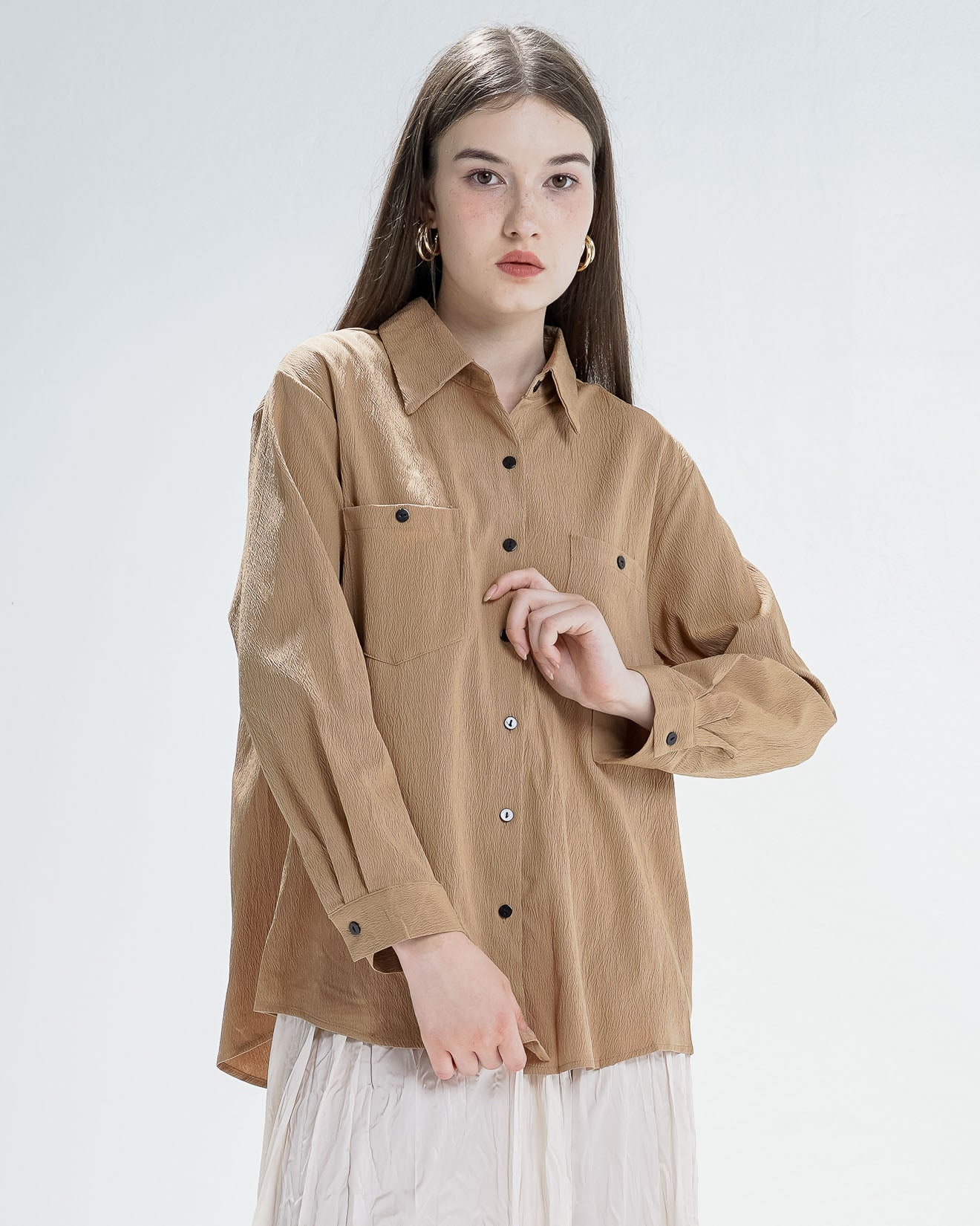 Milley Textured Brown Shirt – Kemeja Wanita Kekinian Lengan Panjang - 190931