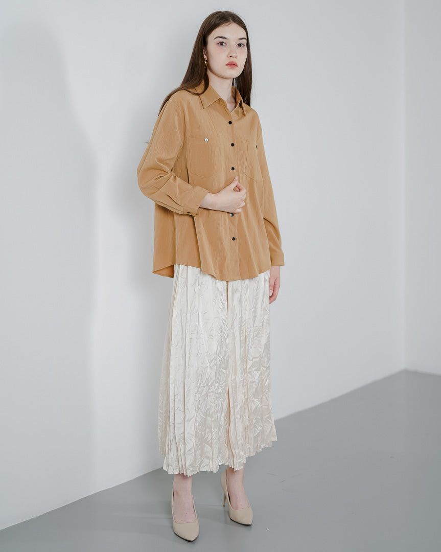 Milley Textured Brown Shirt – Kemeja Wanita Kekinian Lengan Panjang - 190931