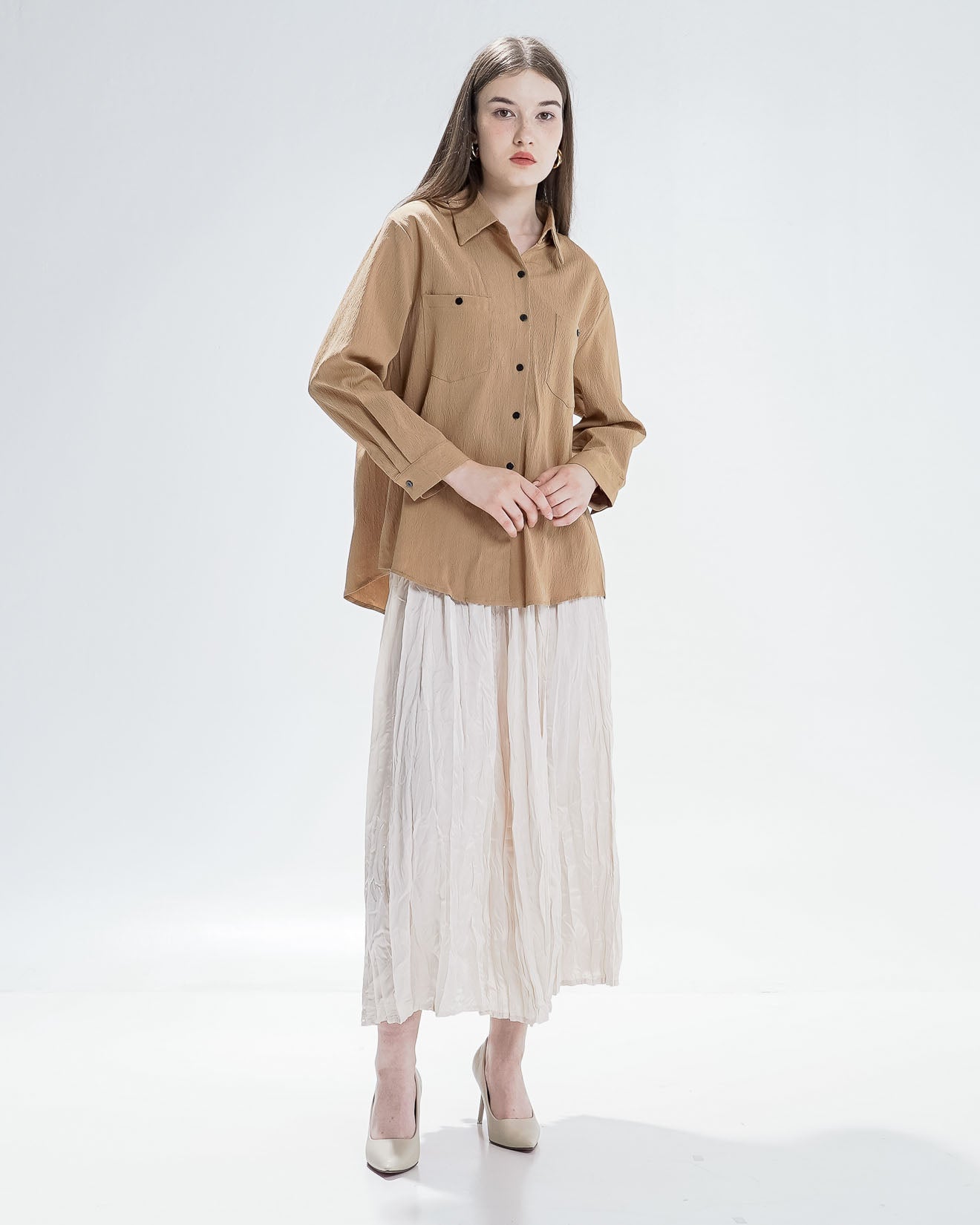 Milley Textured Brown Shirt – Kemeja Wanita Kekinian Lengan Panjang - 190931