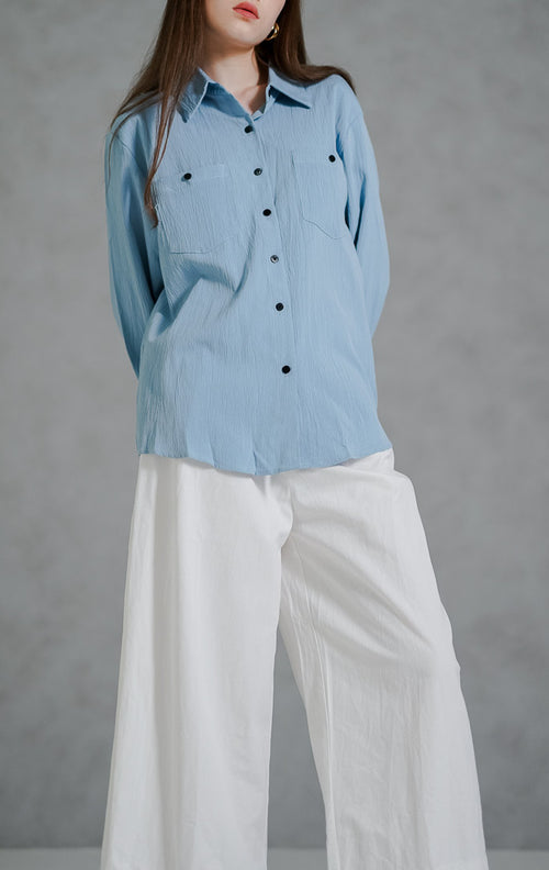Milley Textured Blue Shirt – Kemeja Wanita Kekinian Lengan Panjang - 190932