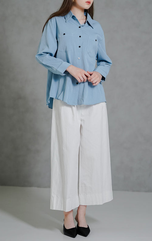 Milley Textured Blue Shirt – Kemeja Wanita Kekinian Lengan Panjang - 190932