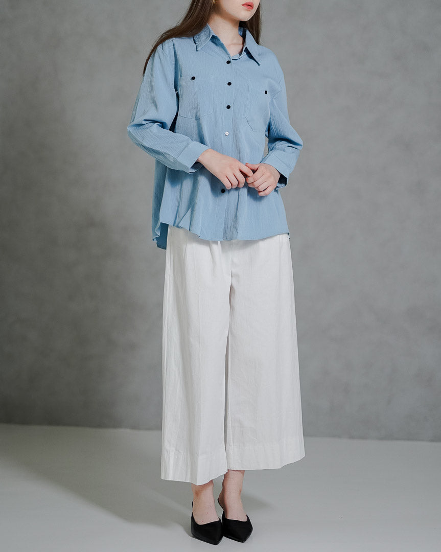 Milley Textured Blue Shirt – Kemeja Wanita Kekinian Lengan Panjang - 190932