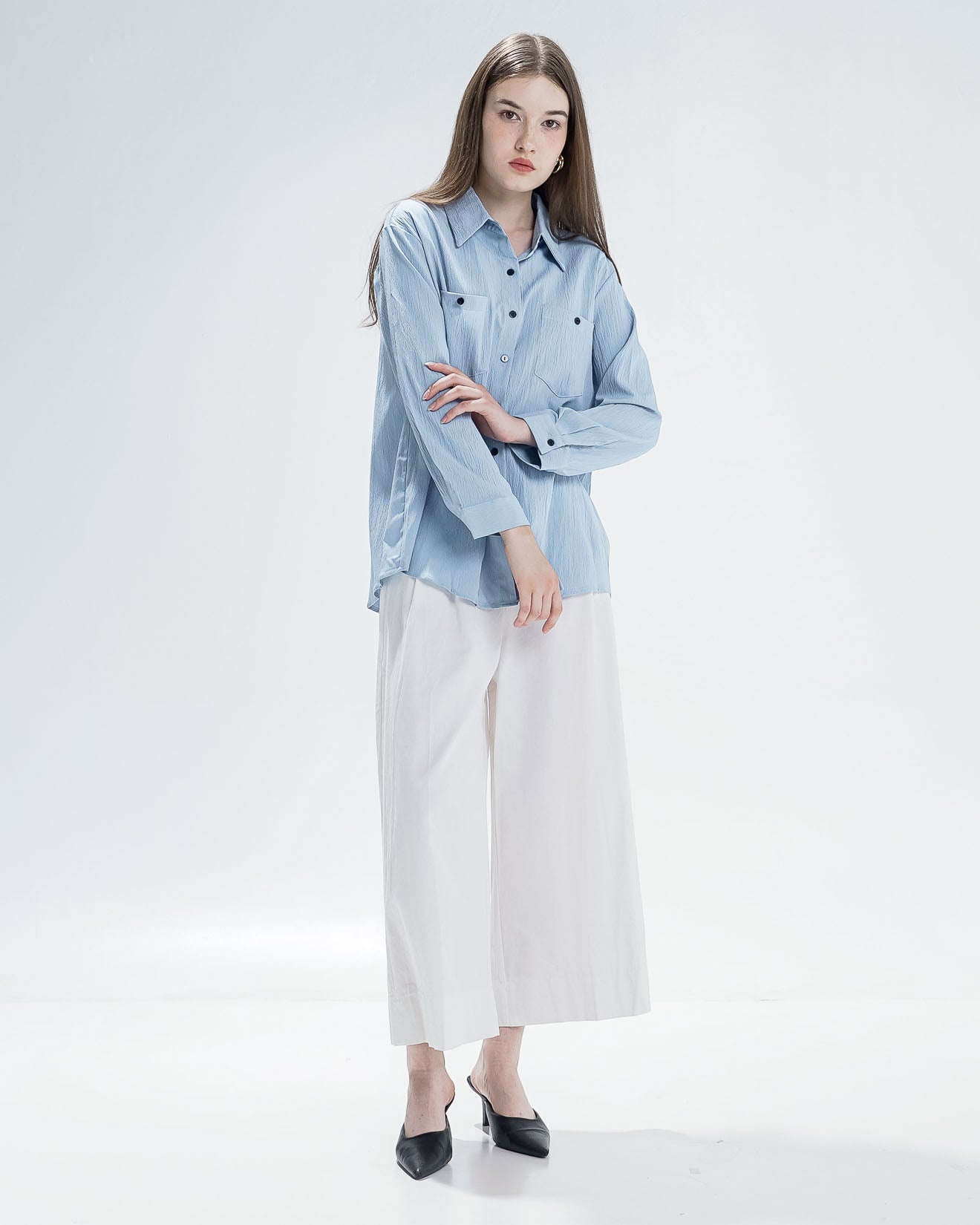 Milley Textured Blue Shirt – Kemeja Wanita Kekinian Lengan Panjang - 190932