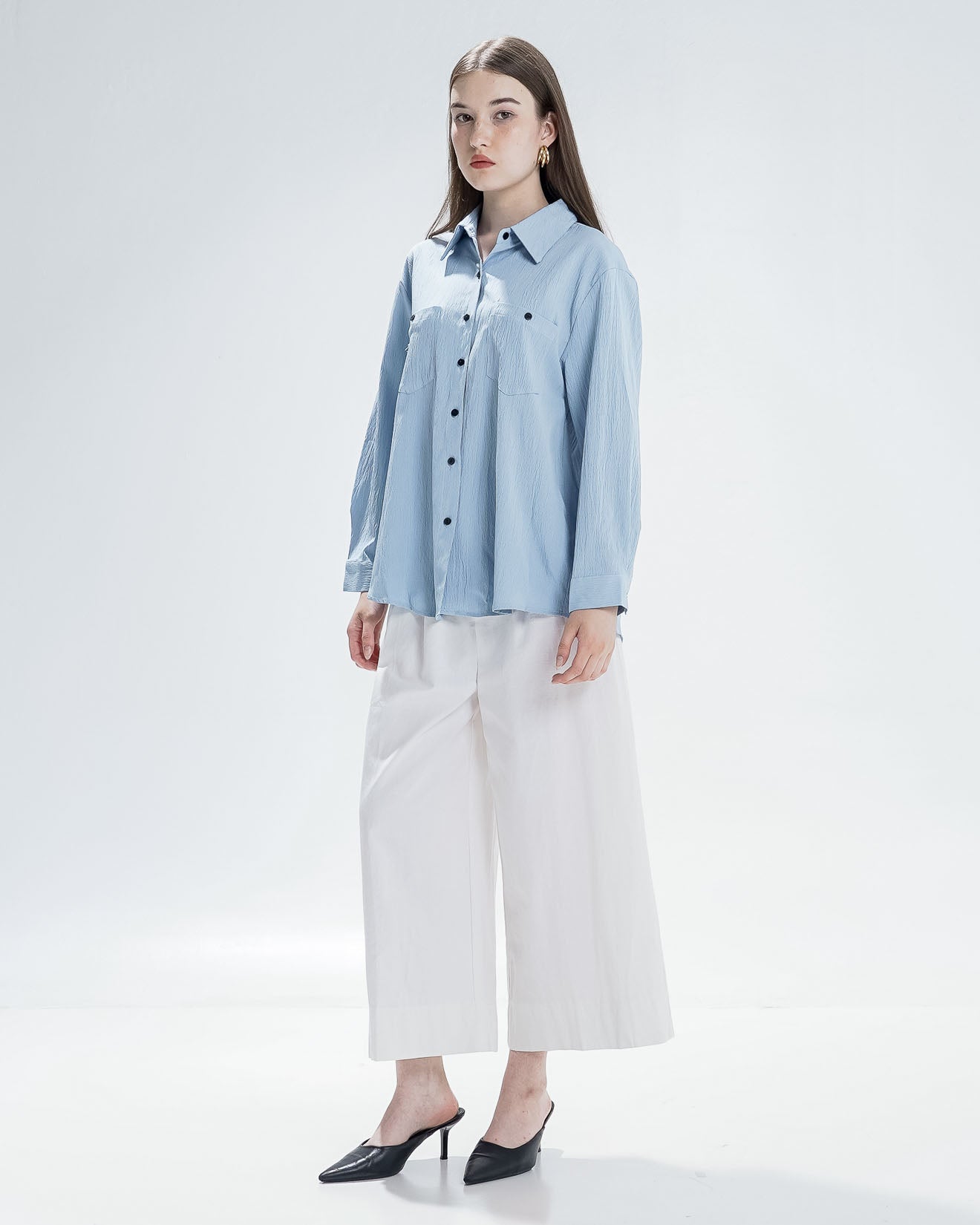 Milley Textured Blue Shirt – Kemeja Wanita Kekinian Lengan Panjang - 190932