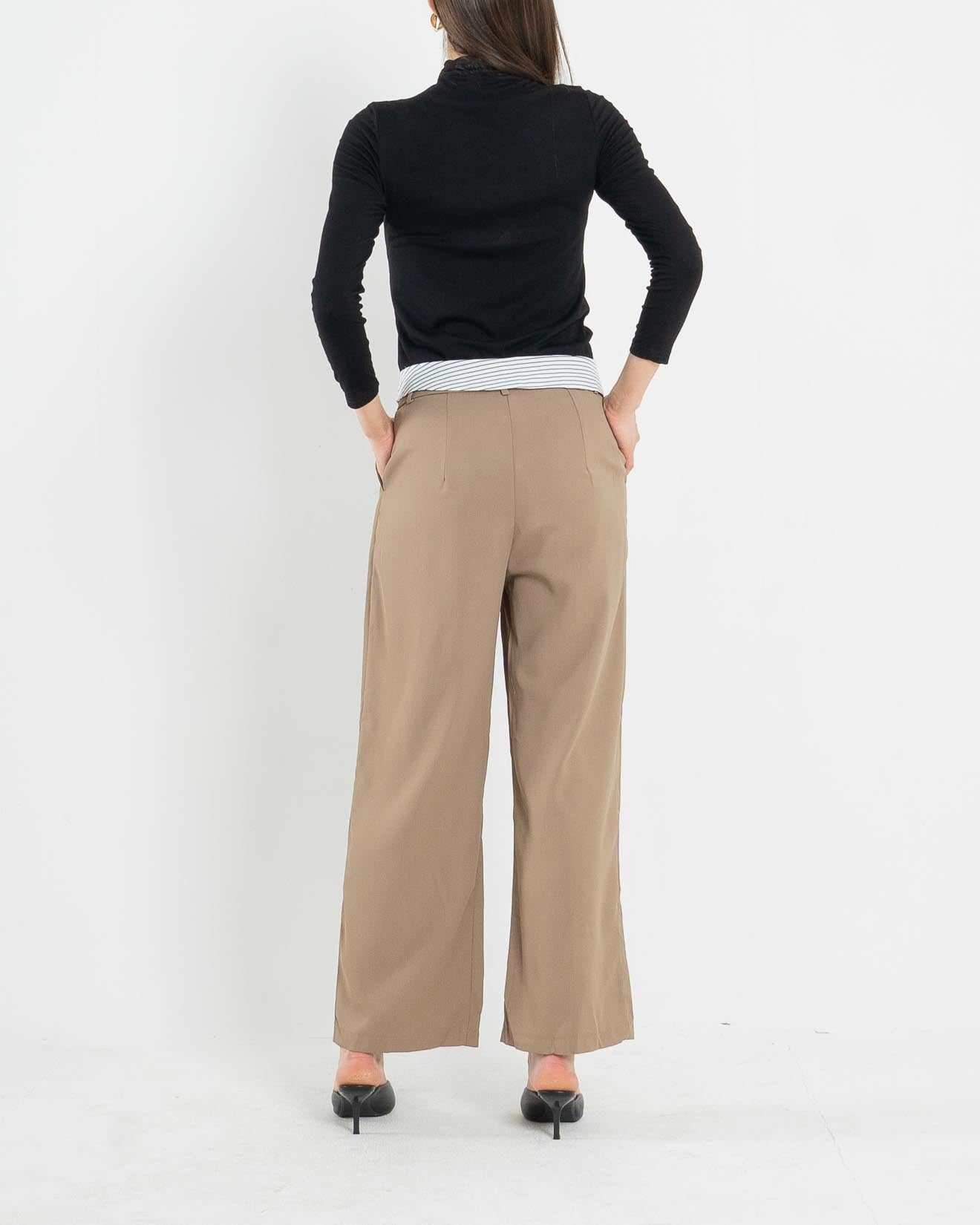 Leo Stripe Waist Wide Leg Brown Pants – 286979