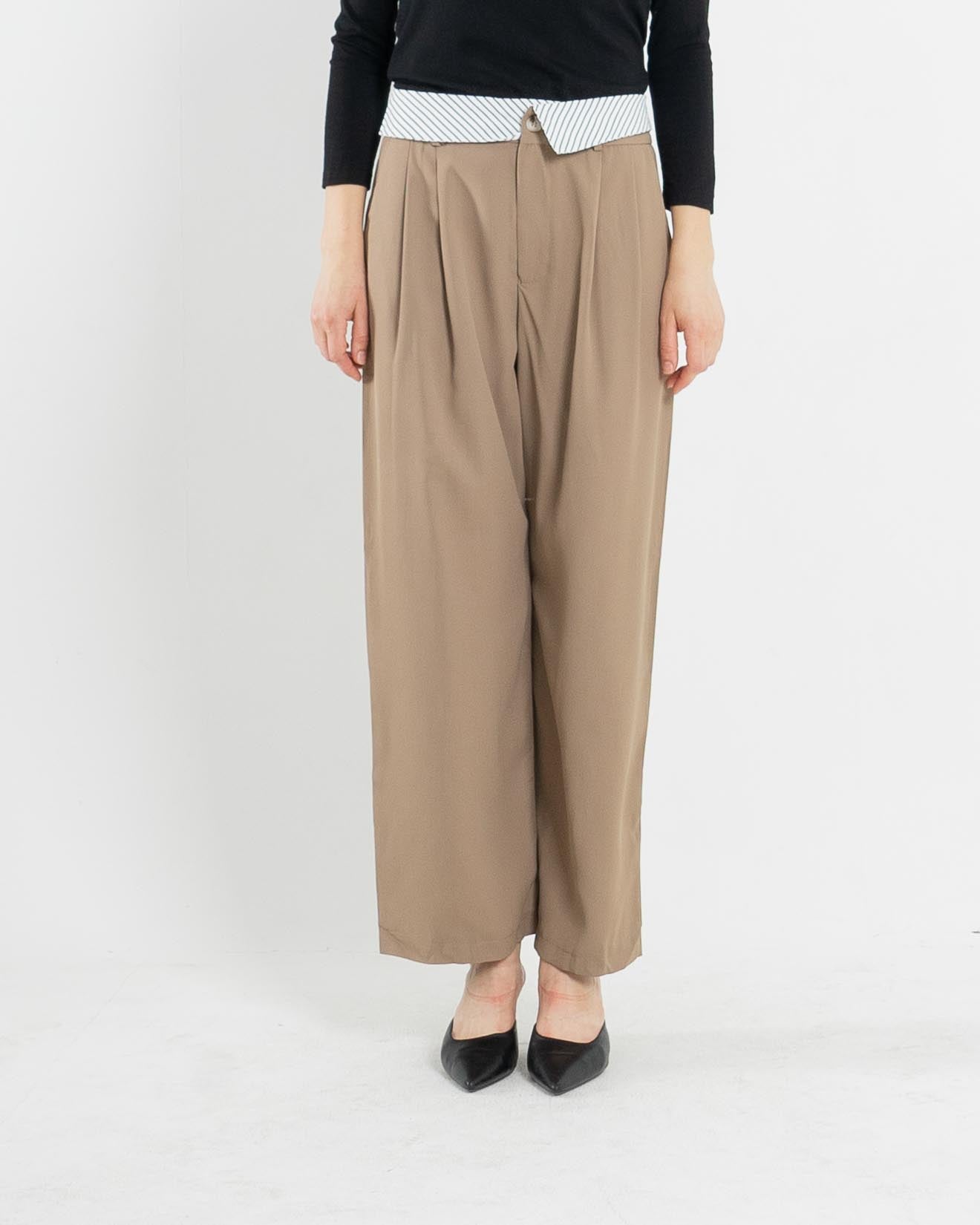 Leo Stripe Waist Wide Leg Brown Pants – 286979