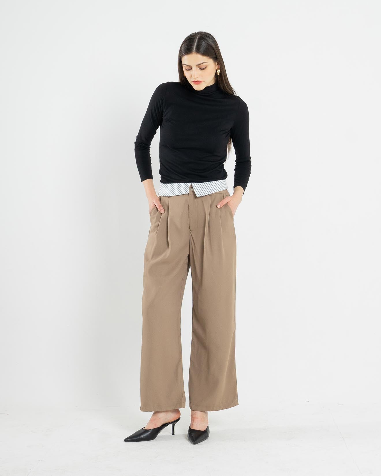 Leo Stripe Waist Wide Leg Brown Pants – 286979