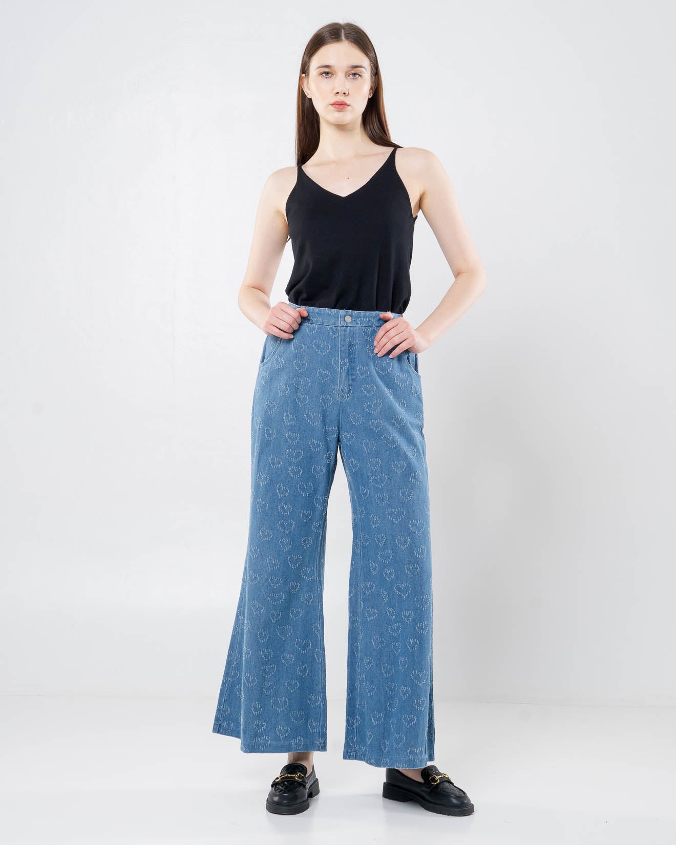 Mathilda Heart Wide Blue Pants – Celana Kulot Jeans Wanita - 288919