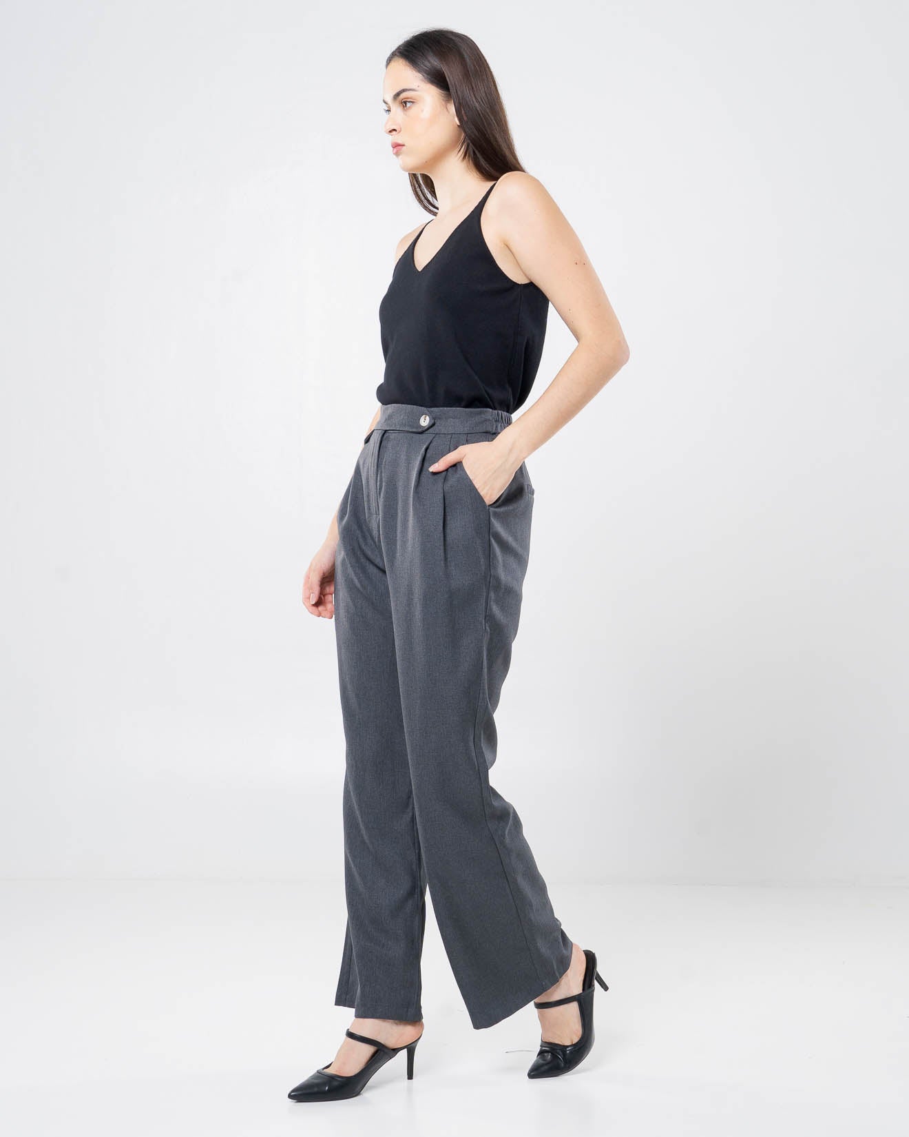 Leonardo Double Button Wide Dark Grey Pants – Celana Kulot Panjang Wanita - 288920