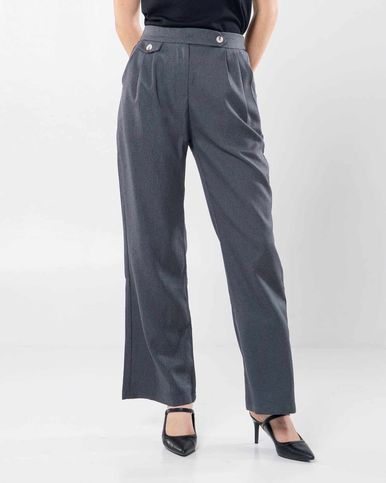 Leonardo Double Button Wide Dark Grey Pants – Celana Kulot Panjang Wanita - 288920