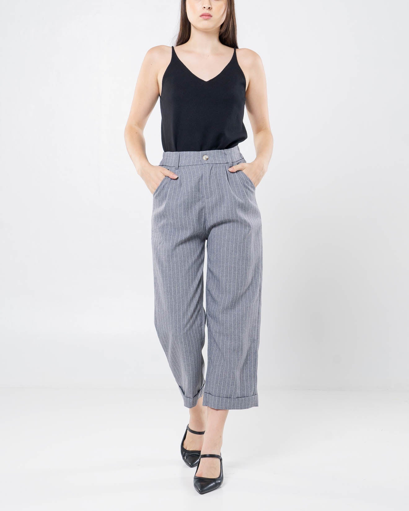 Dwyn Stripped Wide Grey Pants – Celana Formal Wanita - 288978