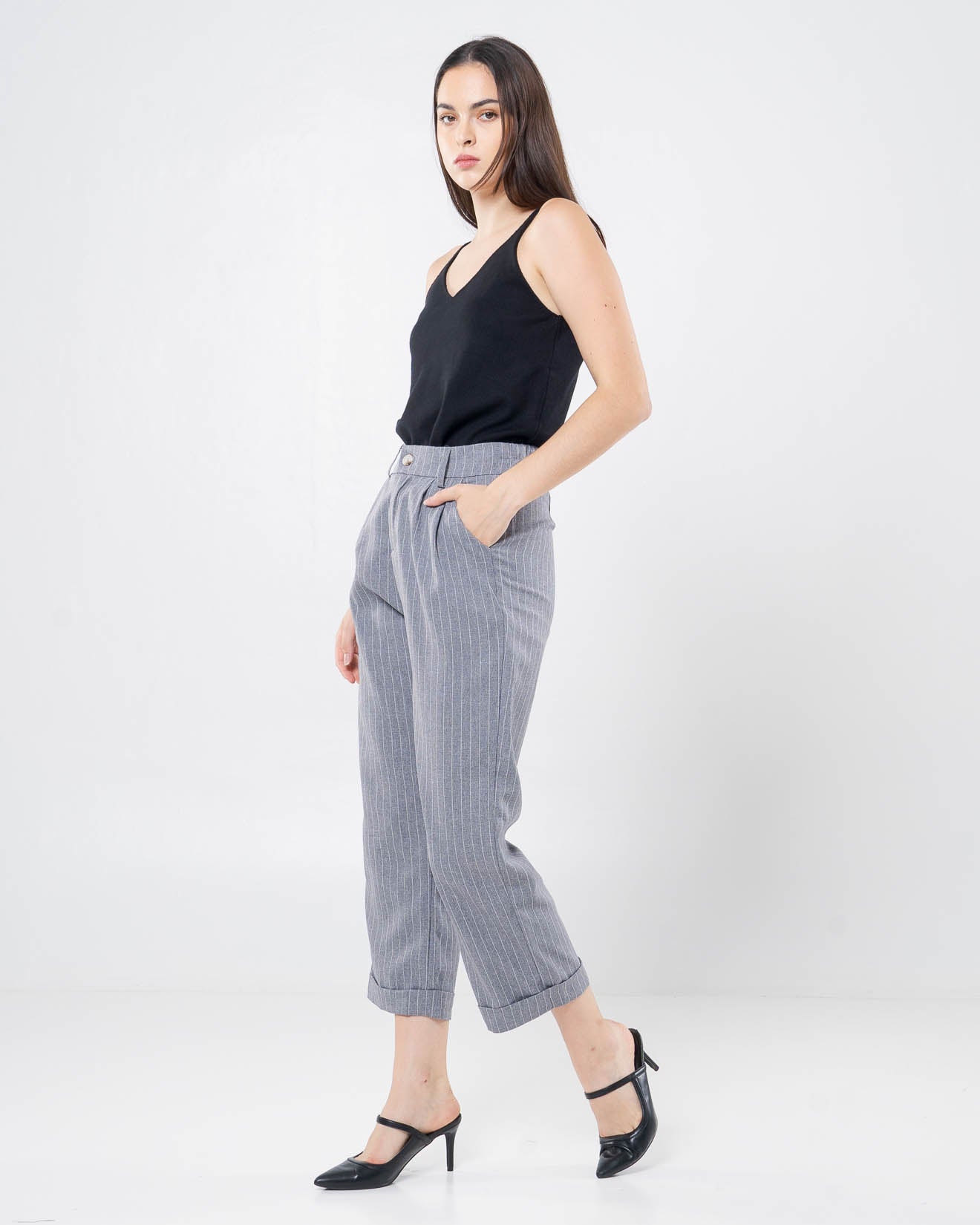 Dwyn Stripped Wide Grey Pants – Celana Formal Wanita - 288978