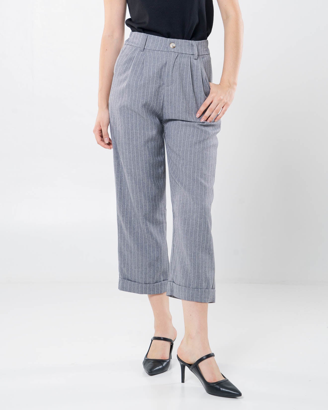 Dwyn Stripped Wide Grey Pants – Celana Formal Wanita - 288978