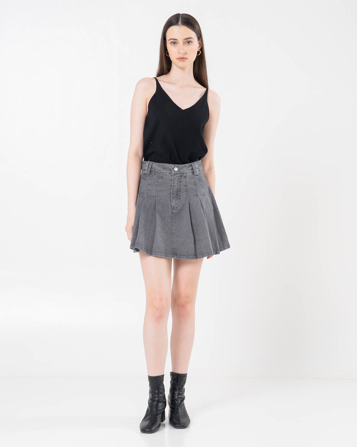 Lana Denim Pleats Grey Skort –  Skort Casual Wanita - 289506