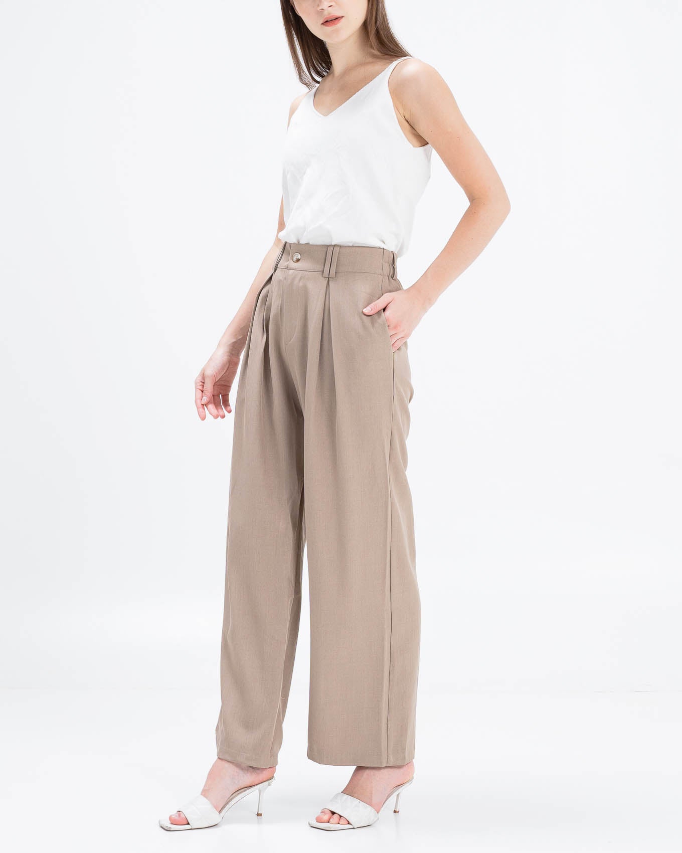 Lucas Wide Leg Taupe Pants – Celana Panjang Casual Wanita - 289982