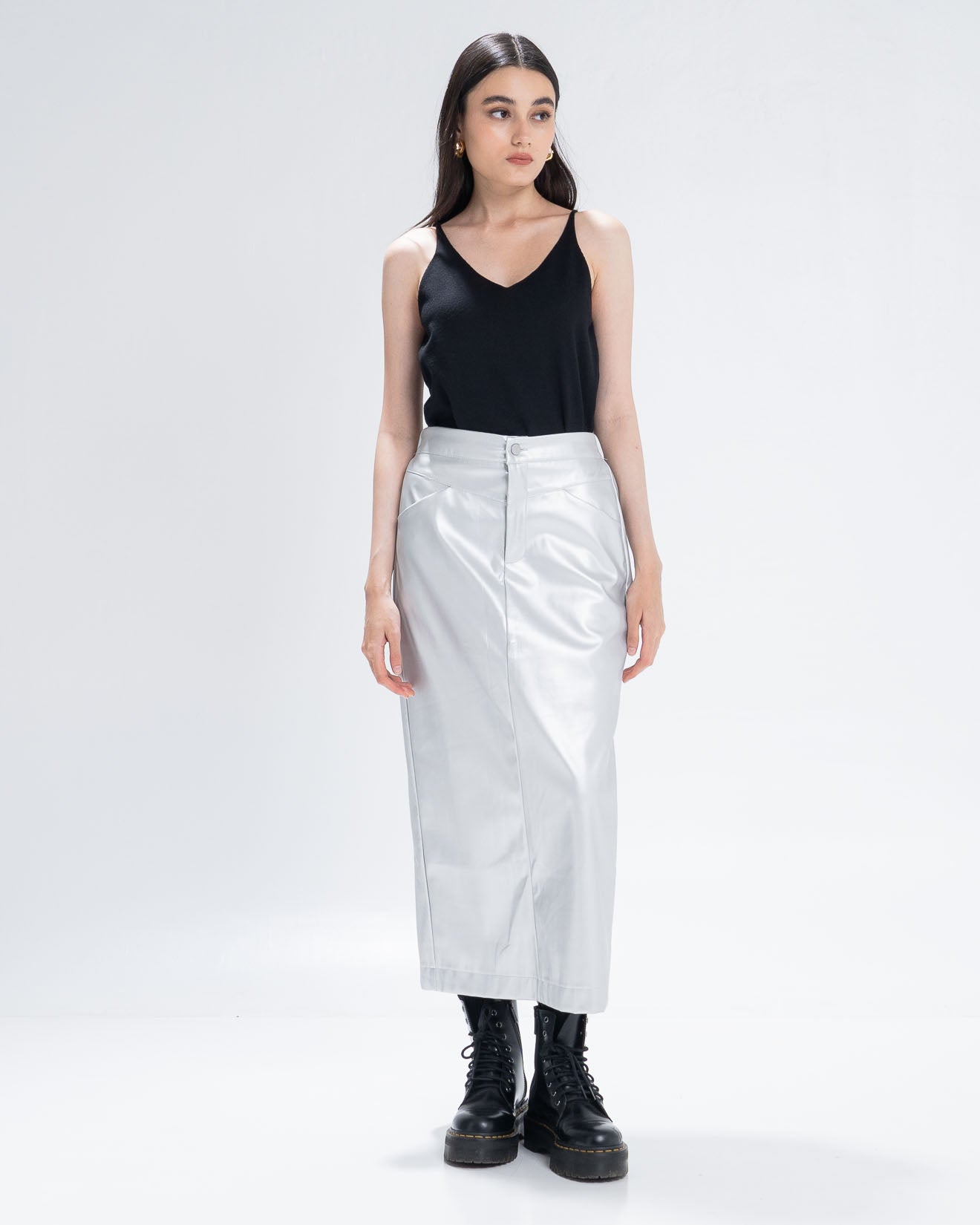 The Stage 26 Silver Skirt - Rok Midi Wanita Slit Leather Kekinian - 290900