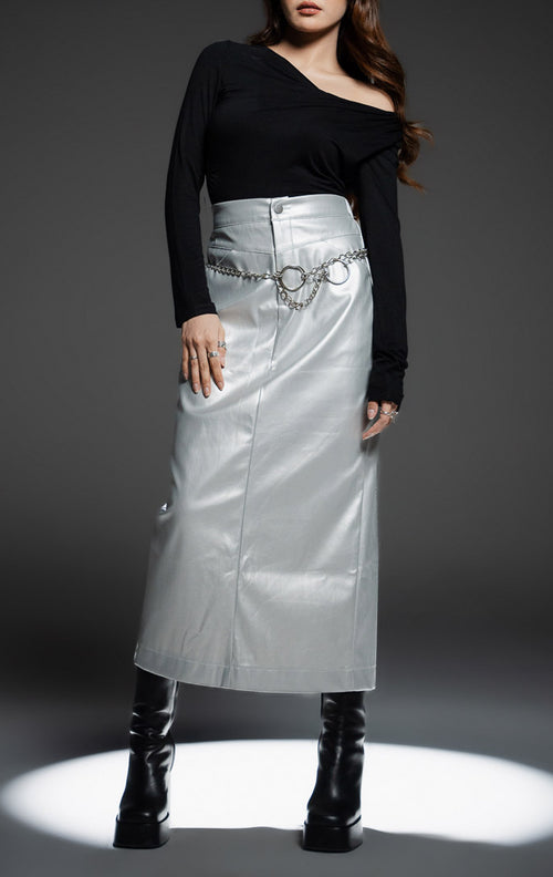 The Stage 26 Silver Skirt - Rok Midi Wanita Slit Leather Kekinian - 290900