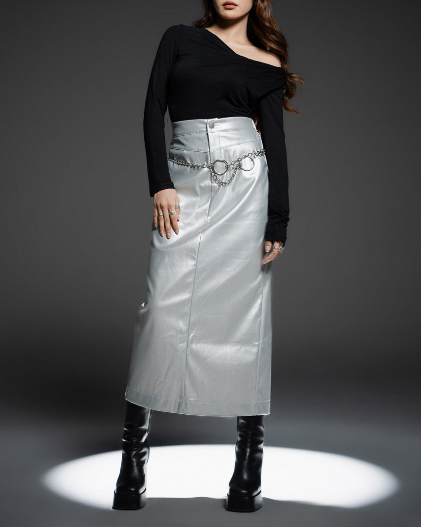 The Stage 26 Silver Skirt - Rok Midi Wanita Slit Leather Kekinian - 290900