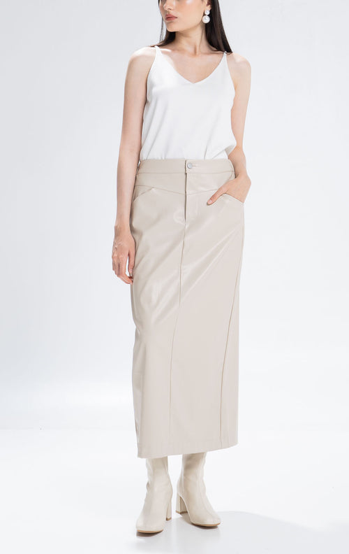 The Stage 32 Skirt Ivory -  Rok Midi Wanita Leather Slit Kekinian  - 290918