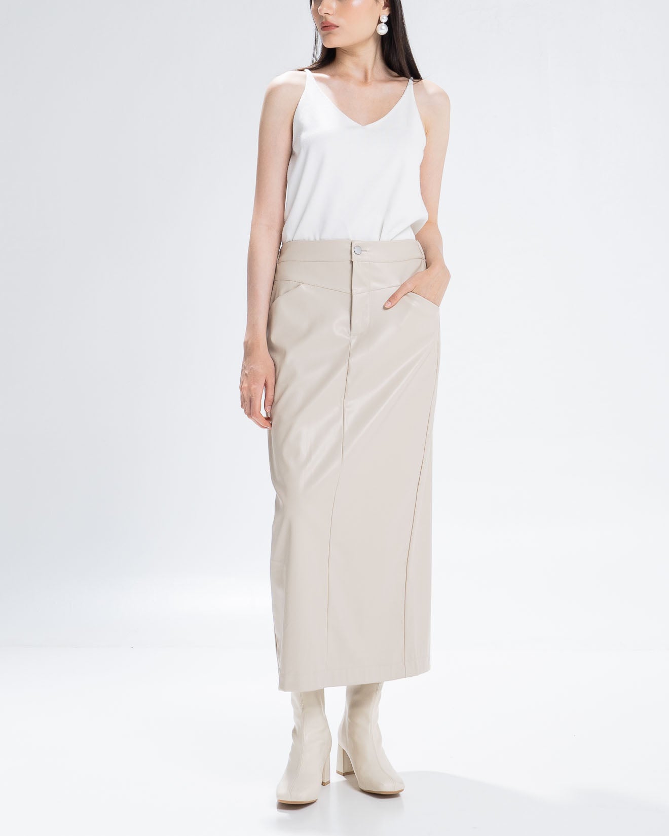 The Stage 32 Skirt Ivory -  Rok Midi Wanita Leather Slit Kekinian  - 290918