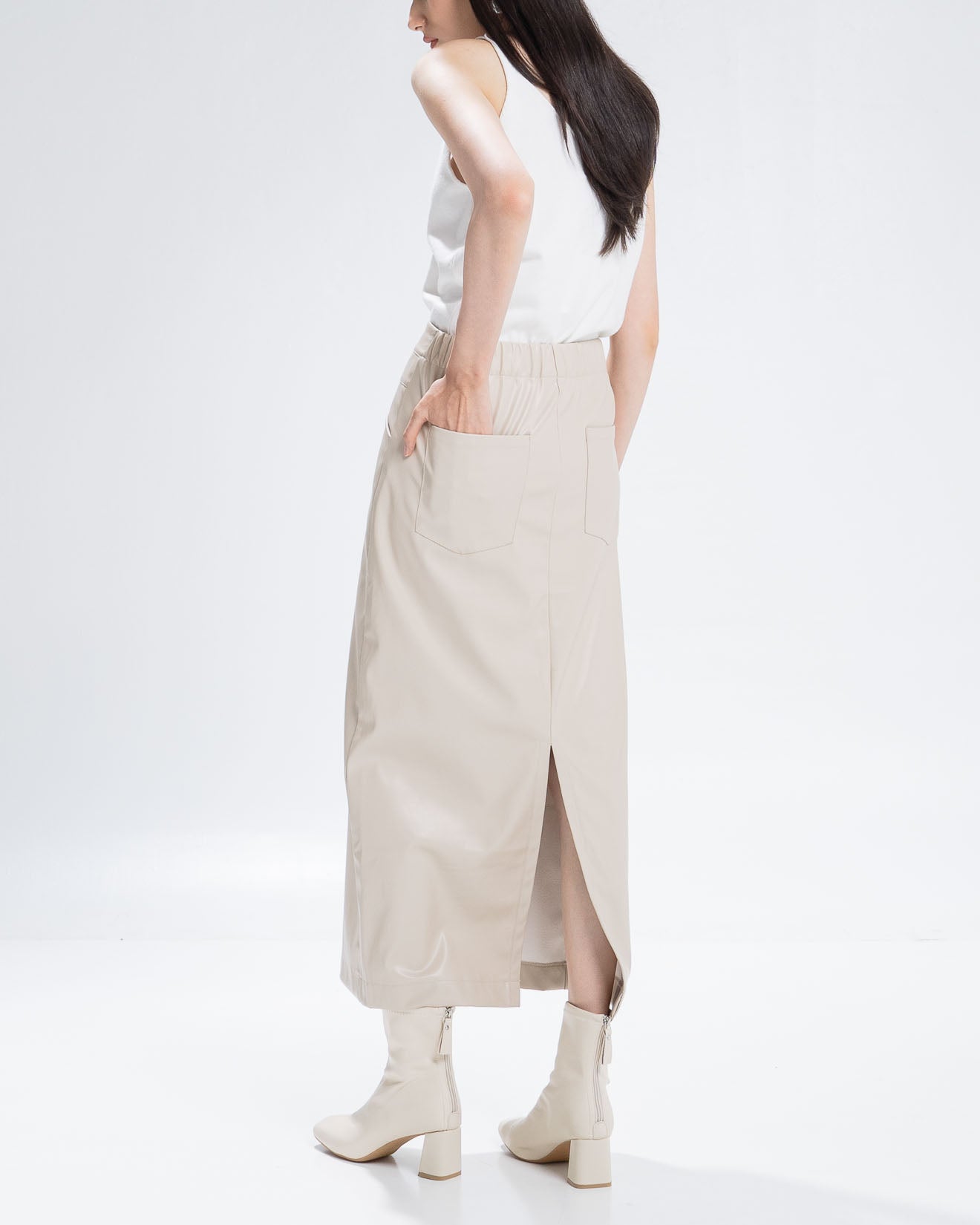 The Stage 32 Skirt Ivory -  Rok Midi Wanita Leather Slit Kekinian  - 290918