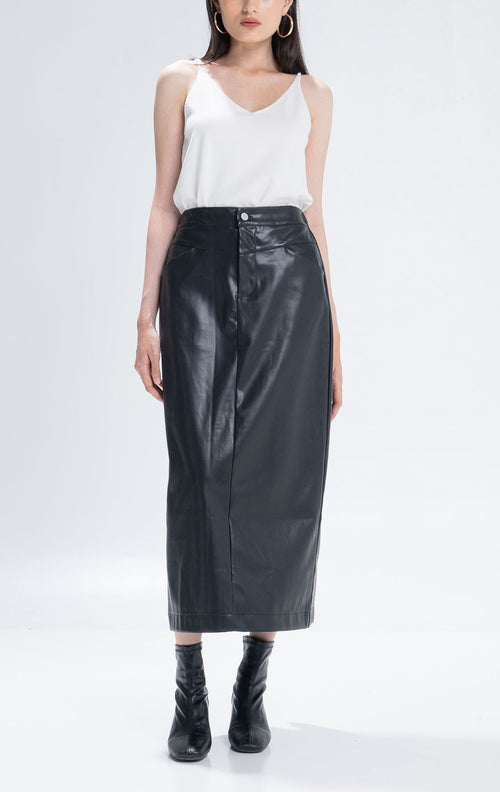 The Stage 32 Black Skirt - Rok Midi Wanita Leather Slit Kekinian - 290925