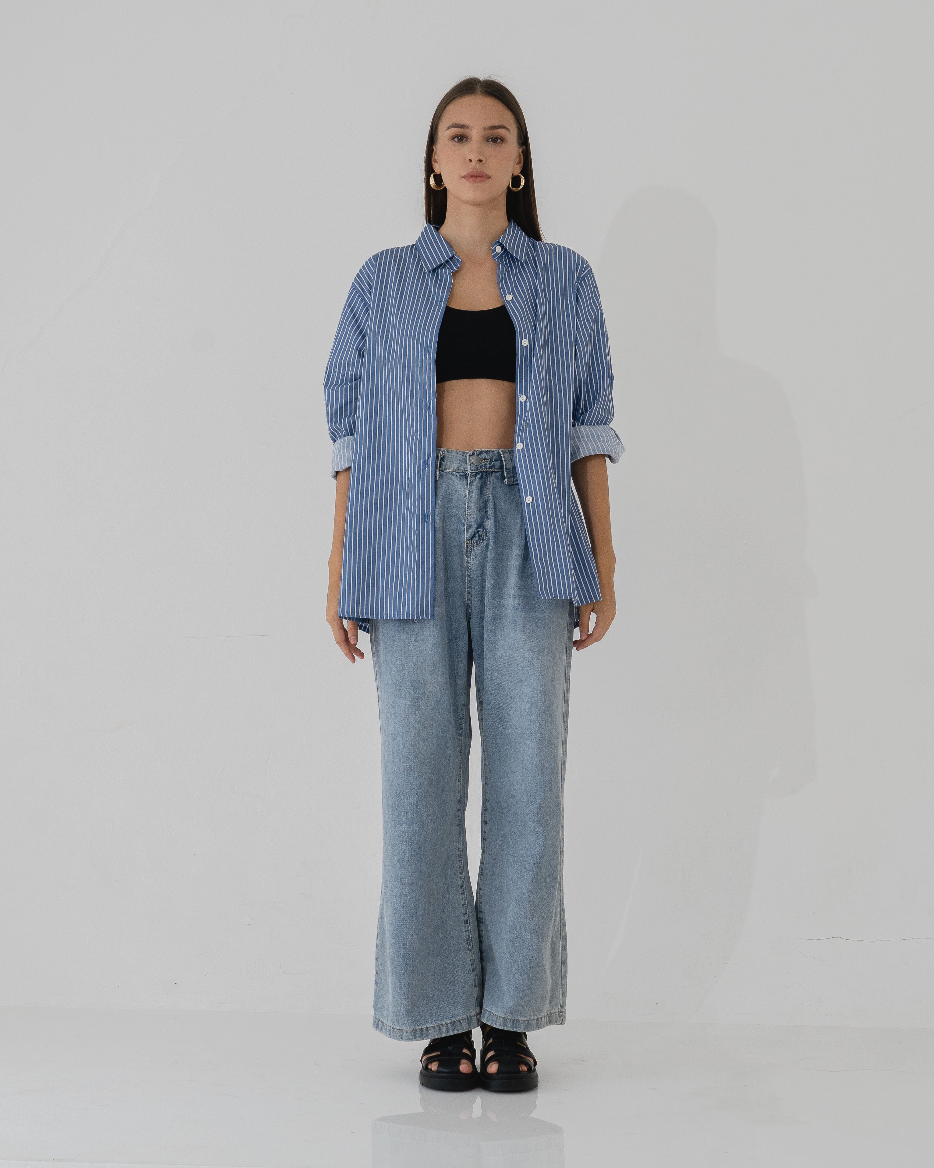 Delisa Stripped back button Blue Shirt