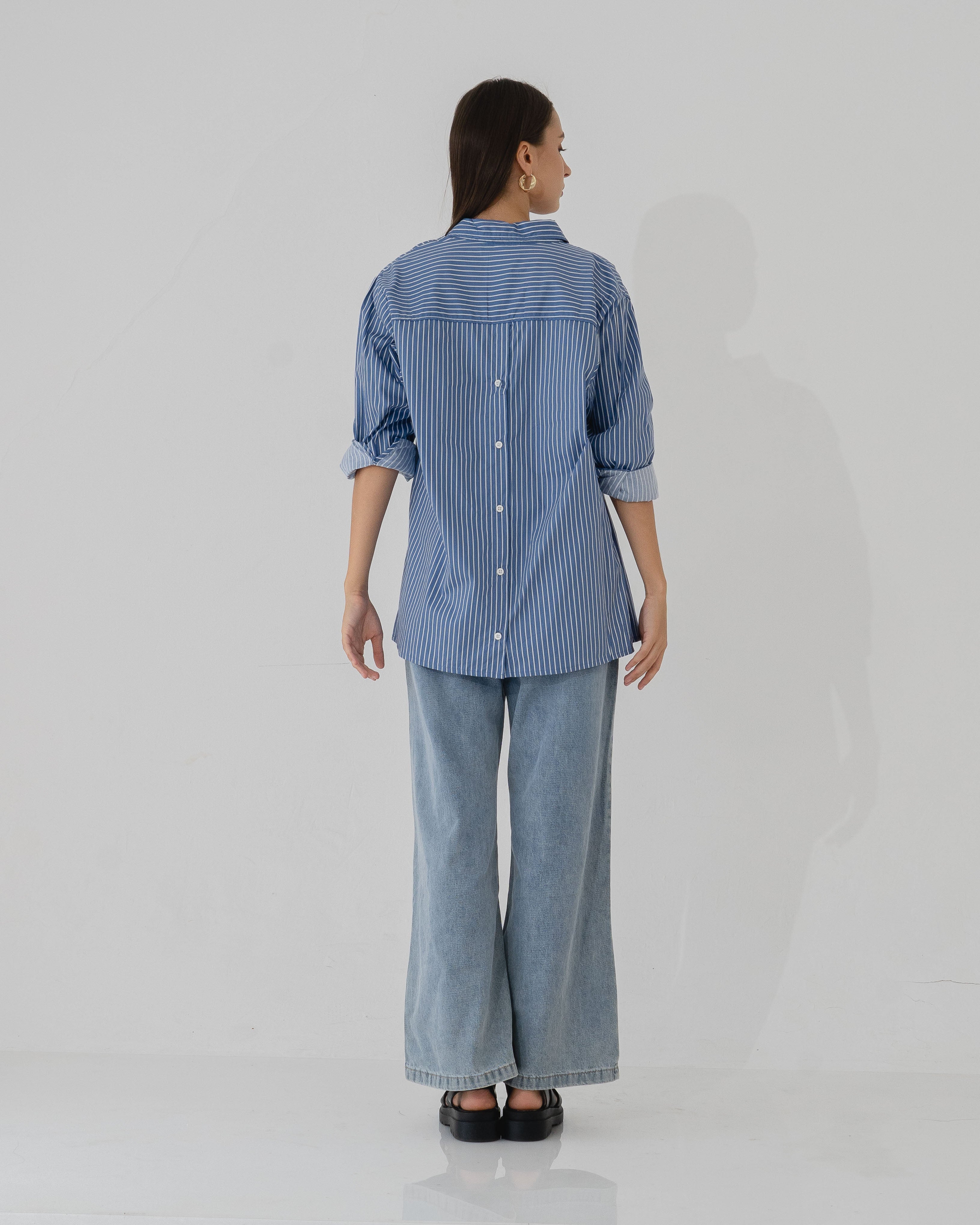 Delisa Stripped back button Blue Shirt