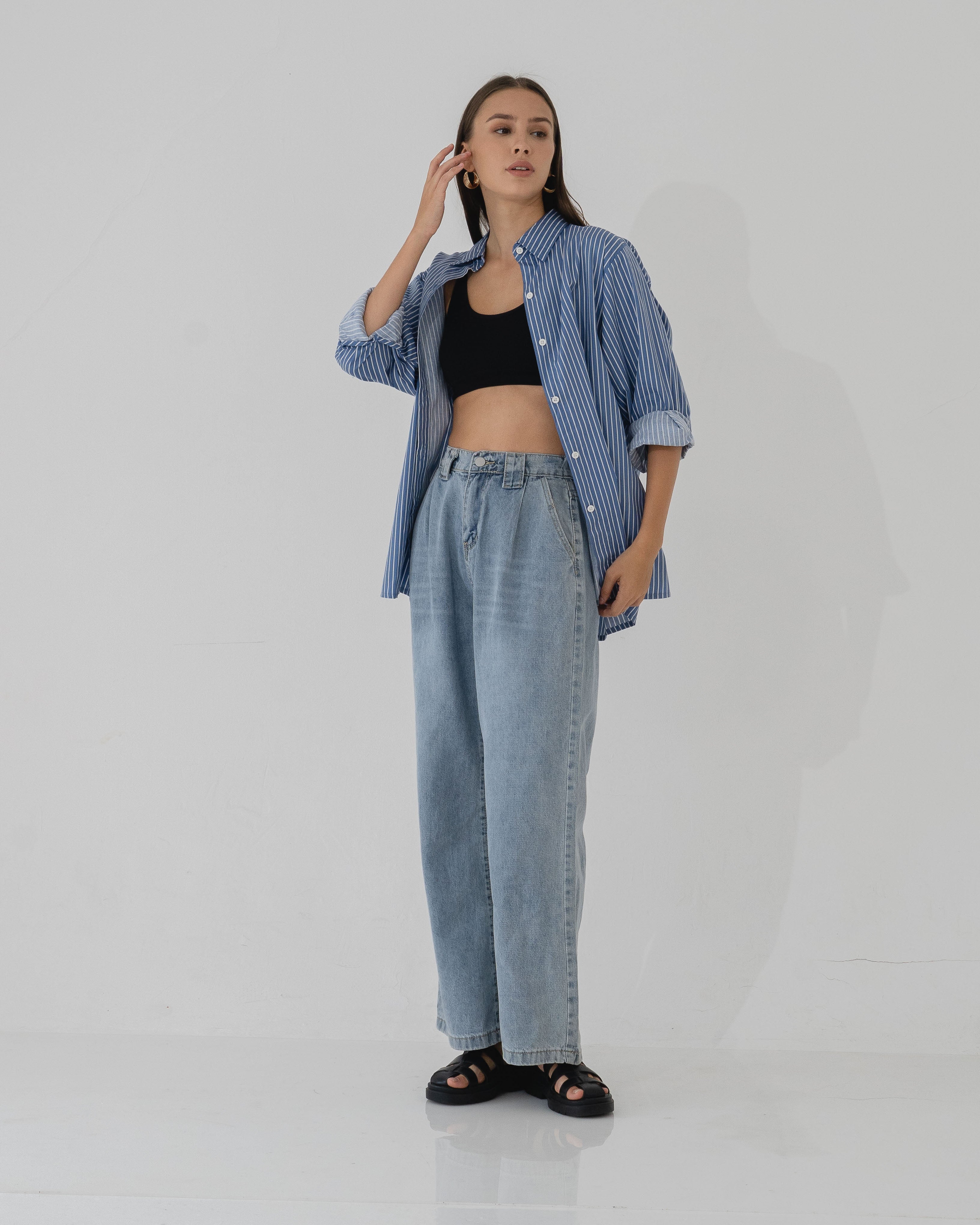 Delisa Stripped back button Blue Shirt