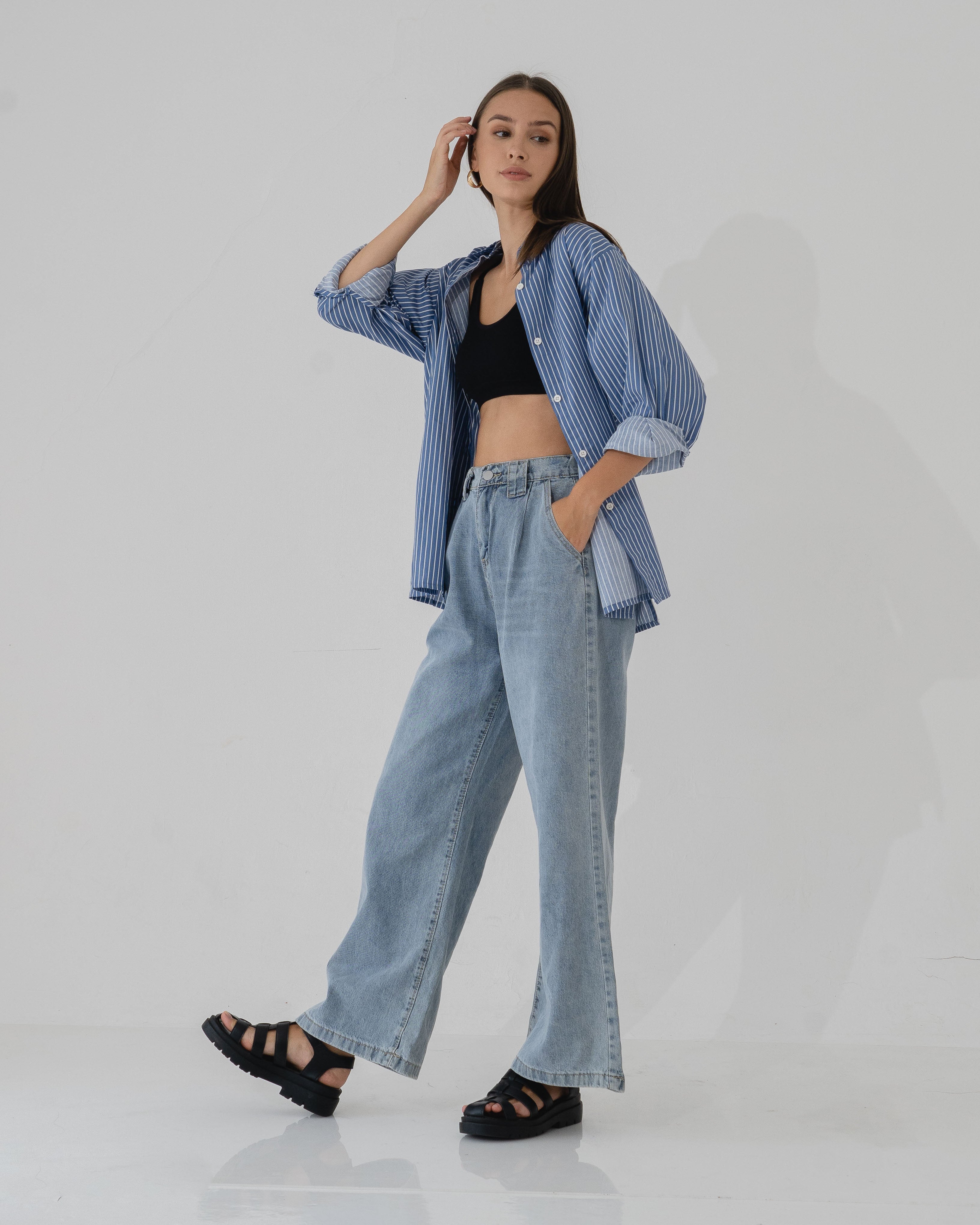 Delisa Stripped back button Blue Shirt