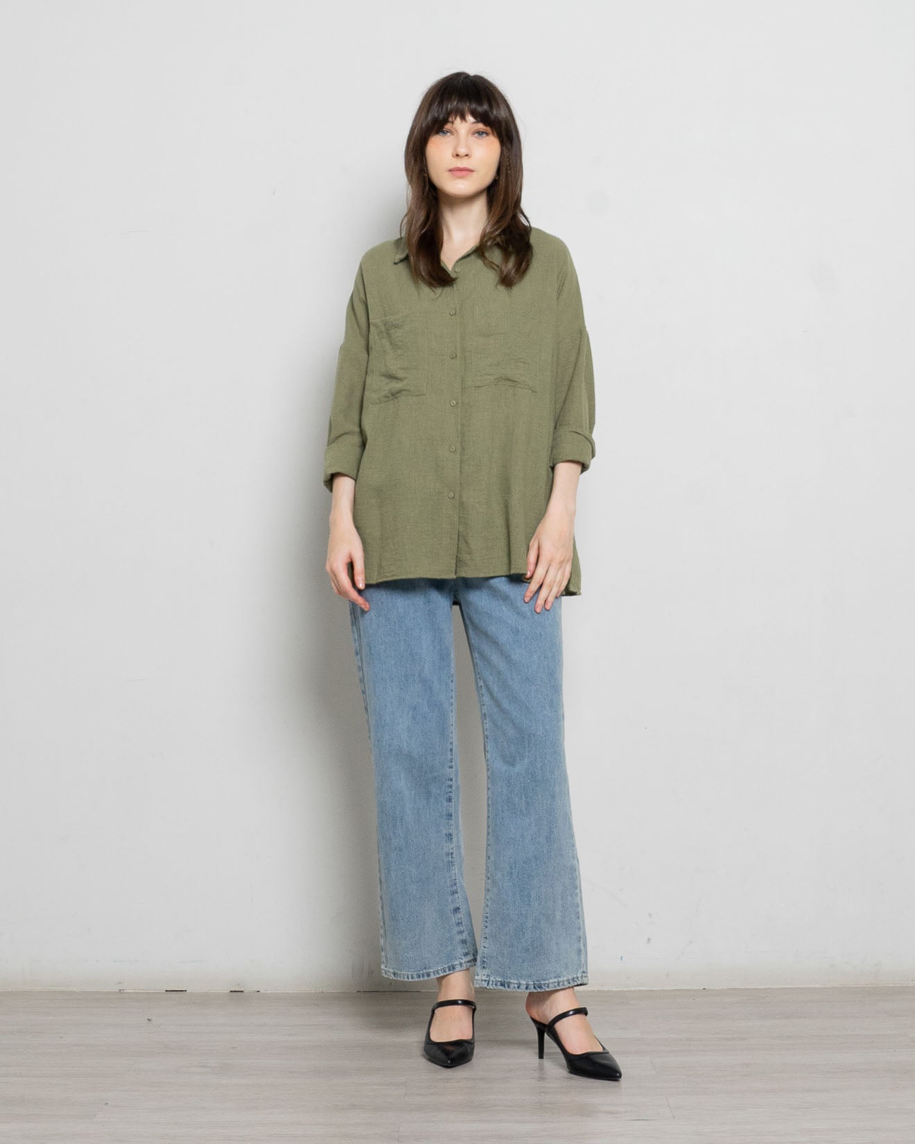 Xyra Oversized Linen Green Army Shirt – 186313