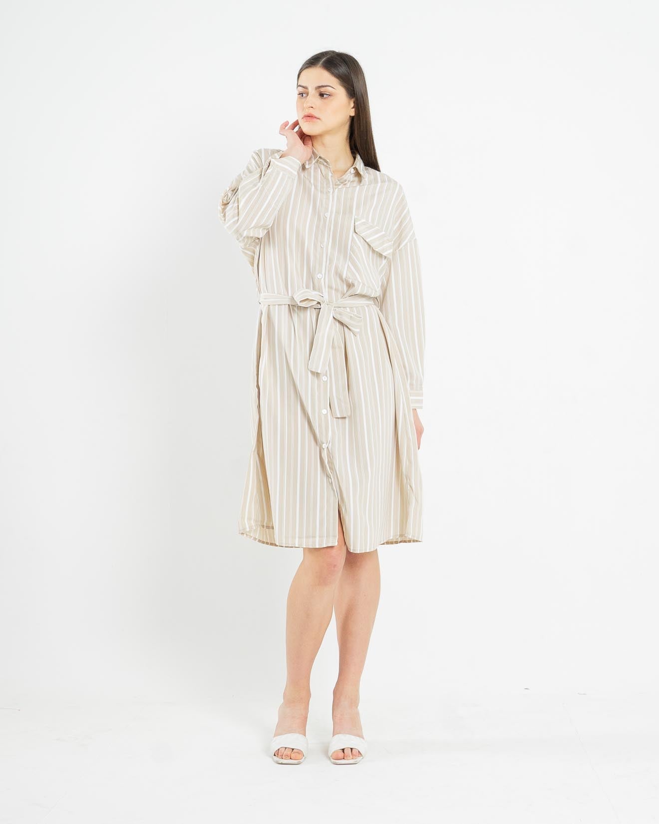 Jenisa Striped Shirt Brown Dress – 786916