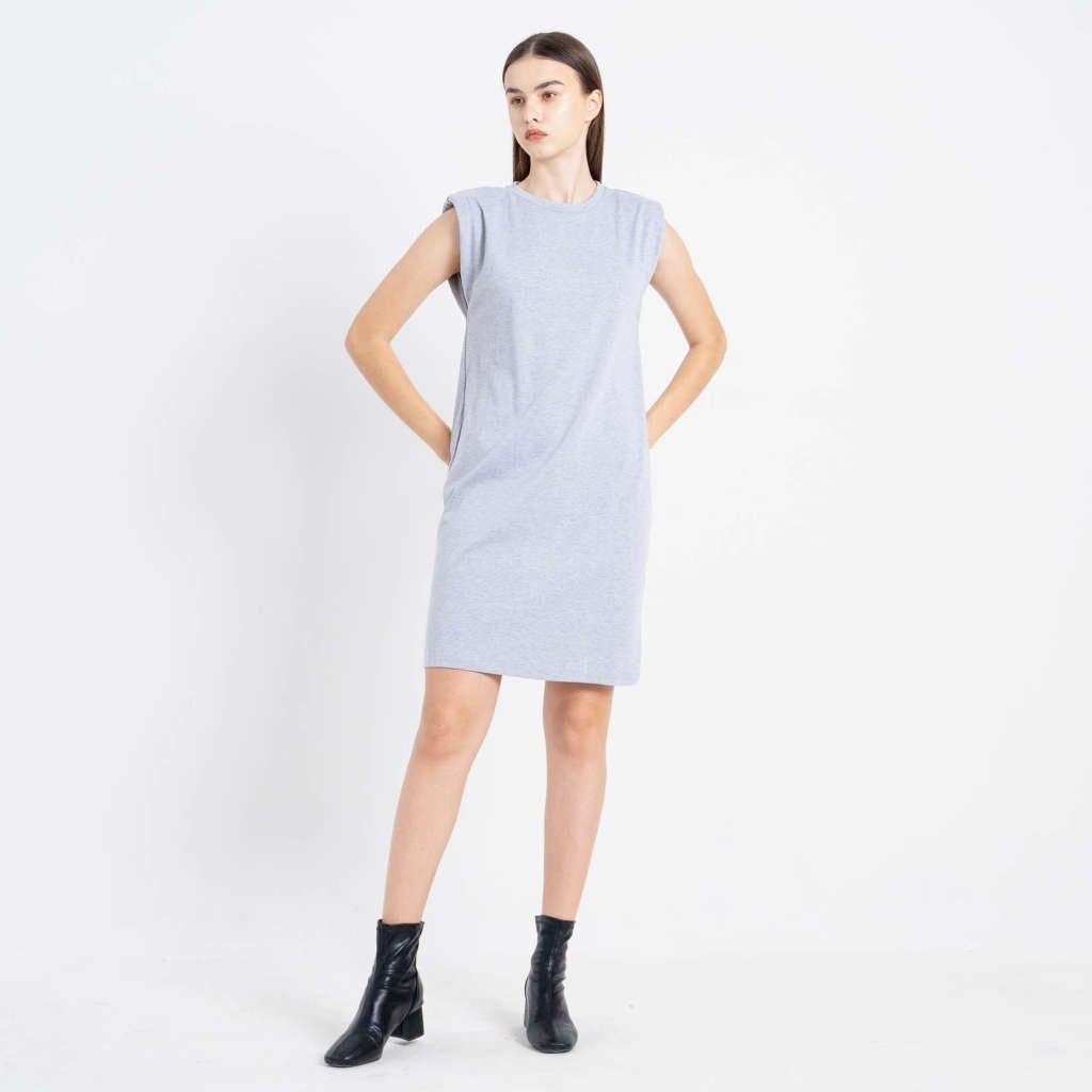 Reah Sleeveless Pad Shoulder Grey Dress – Dress Wanita Casual - 788906