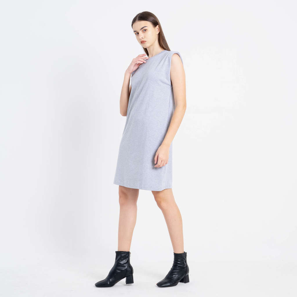 Reah Sleeveless Pad Shoulder Grey Dress – Dress Wanita Casual - 788906