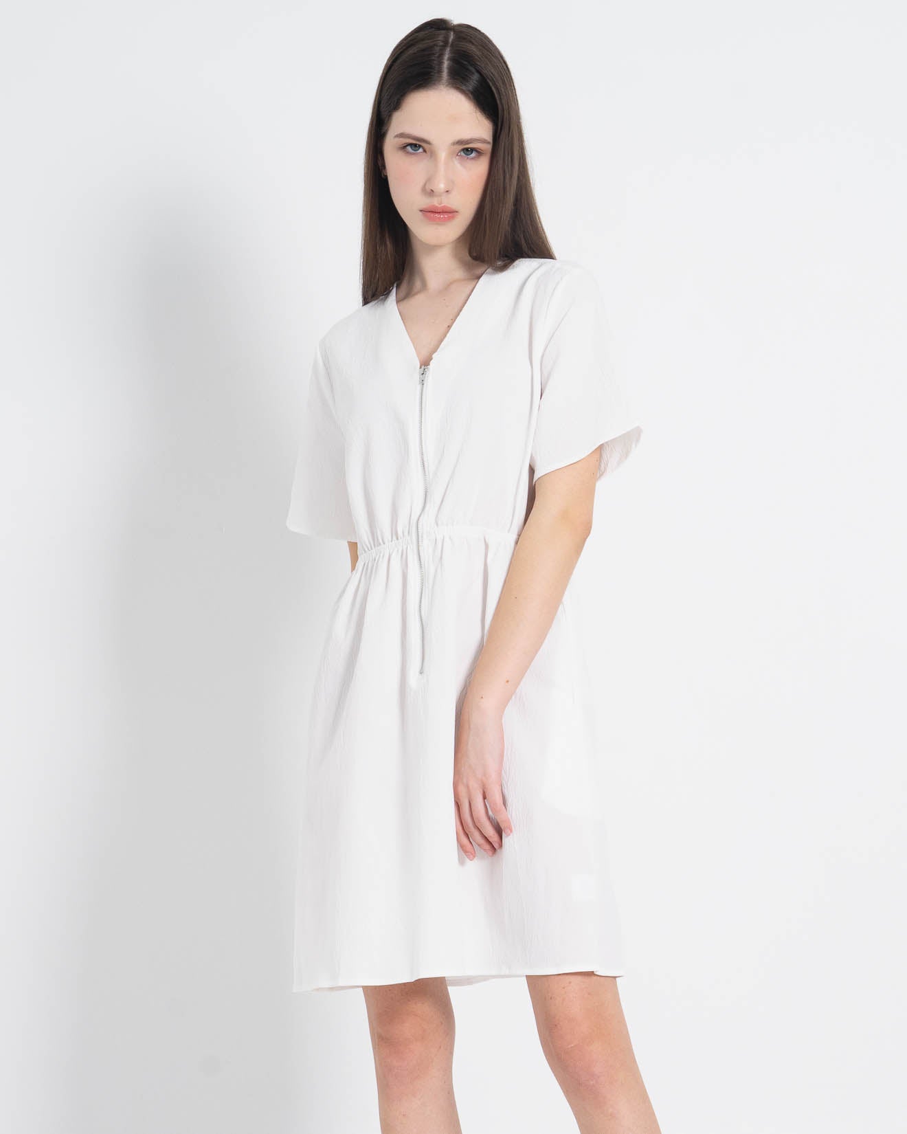 Solana Zipper White Dress – Gaun Midi Wanita - 788929