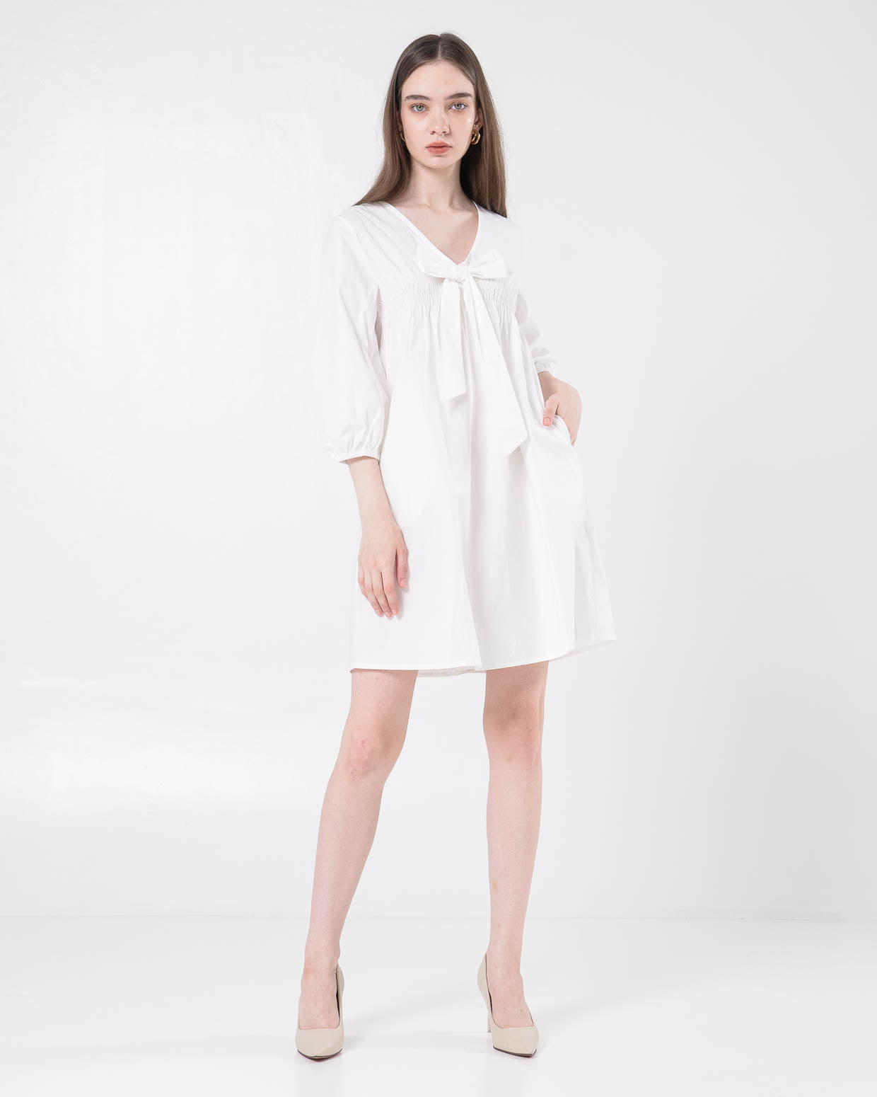 Graciela Ribbon White Dress  - Dress Wanita Pita Depan Lengan Panjang - 789201