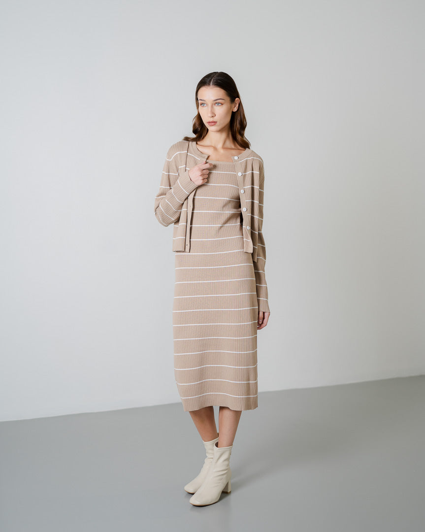 Jennet Striped Knit Brown Set (Restock) – Cardigan Dress Rajut Wanita - 789325