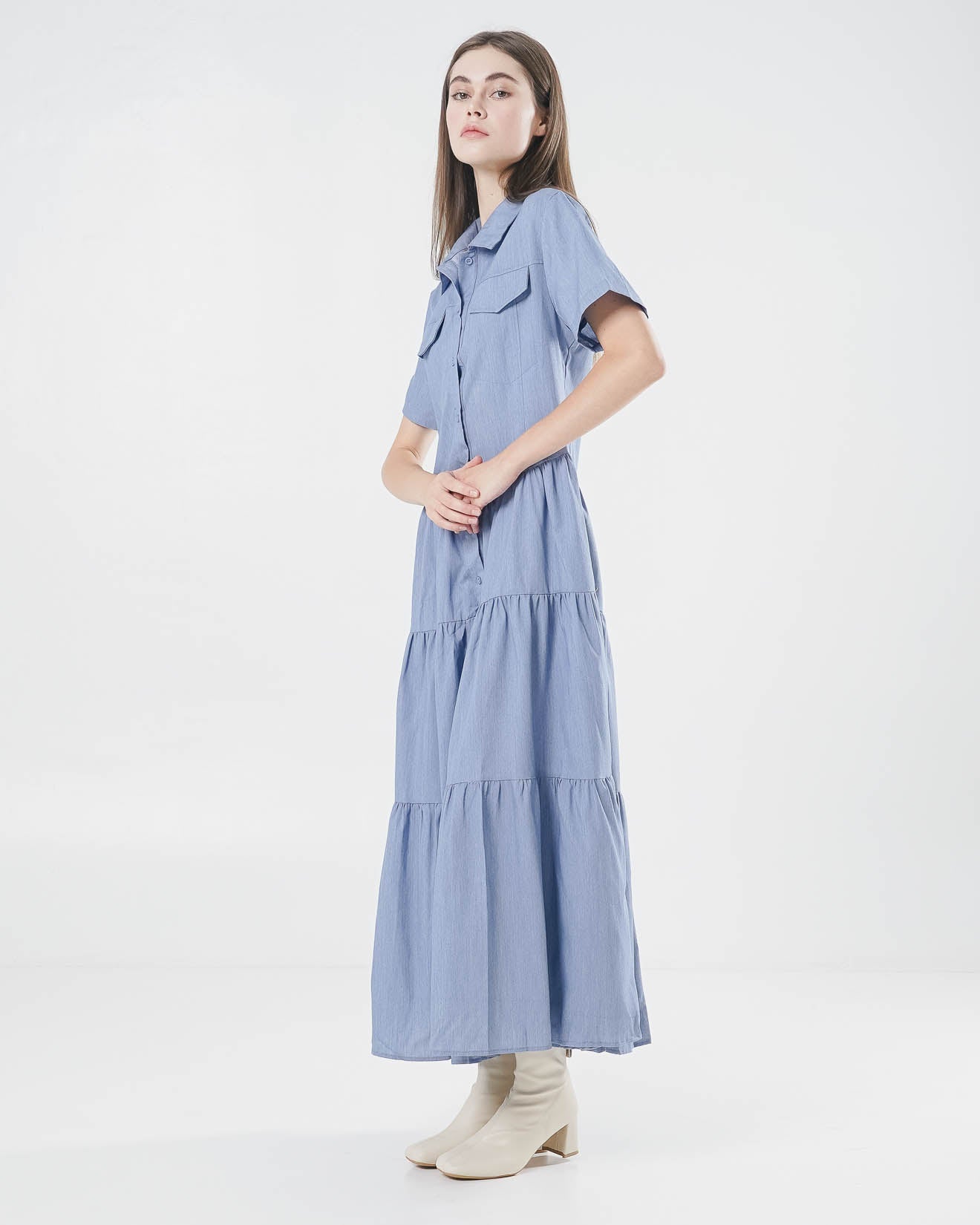 Beverly Long Ruffle Blue Dress – Gaun Maxi Wanita Casual - 789903