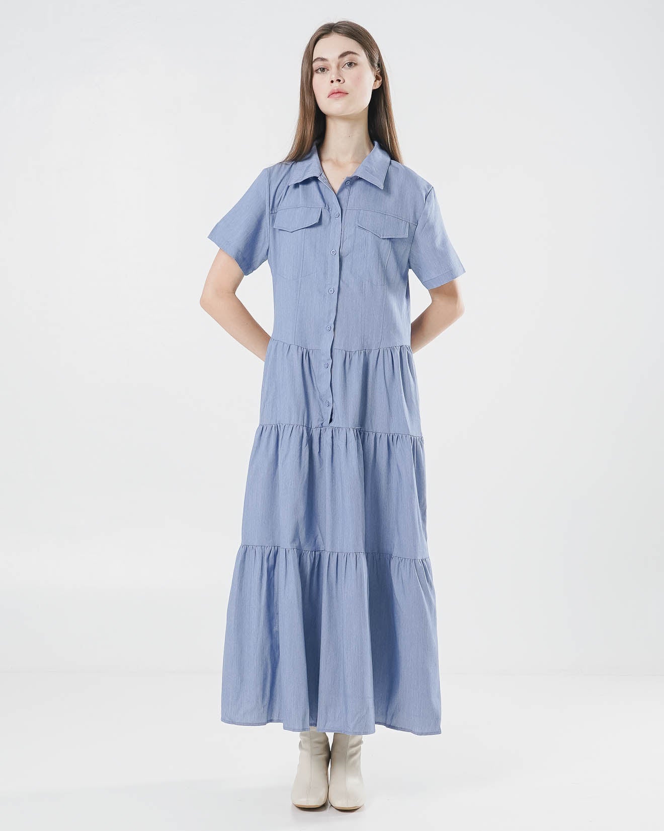 Beverly Long Ruffle Blue Dress – Gaun Maxi Wanita Casual - 789903