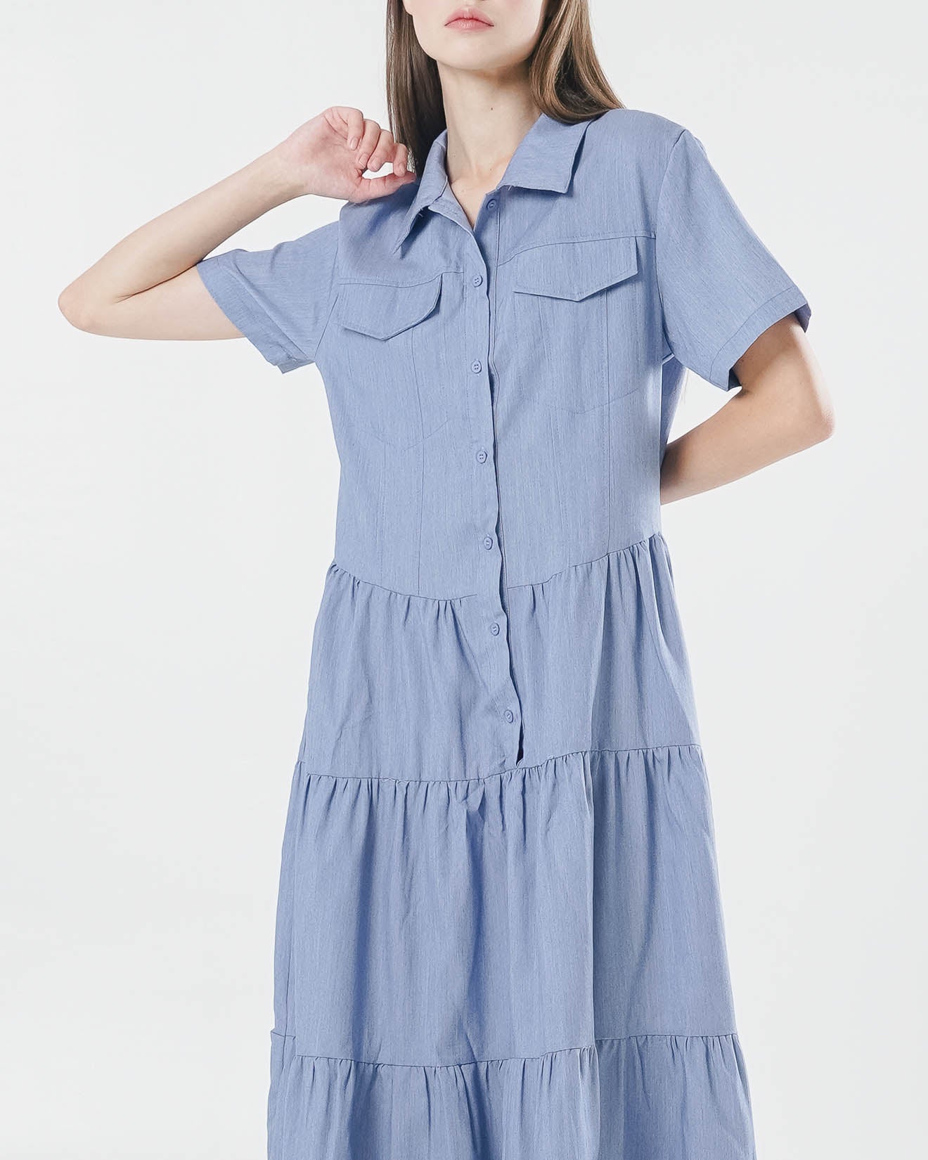 Beverly Long Ruffle Blue Dress – Gaun Maxi Wanita Casual - 789903