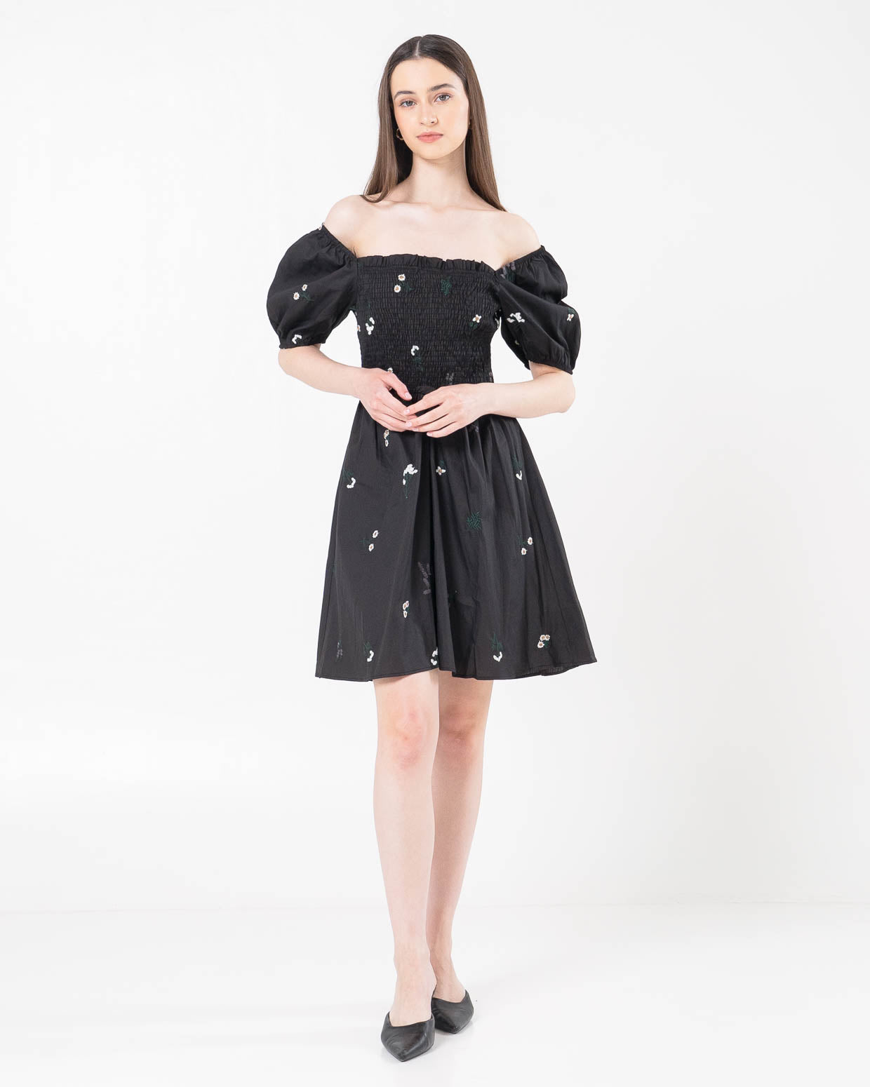 Clarissa Embroidery Puff Black Dress - Gaun Midi Wanita Korean - 789911