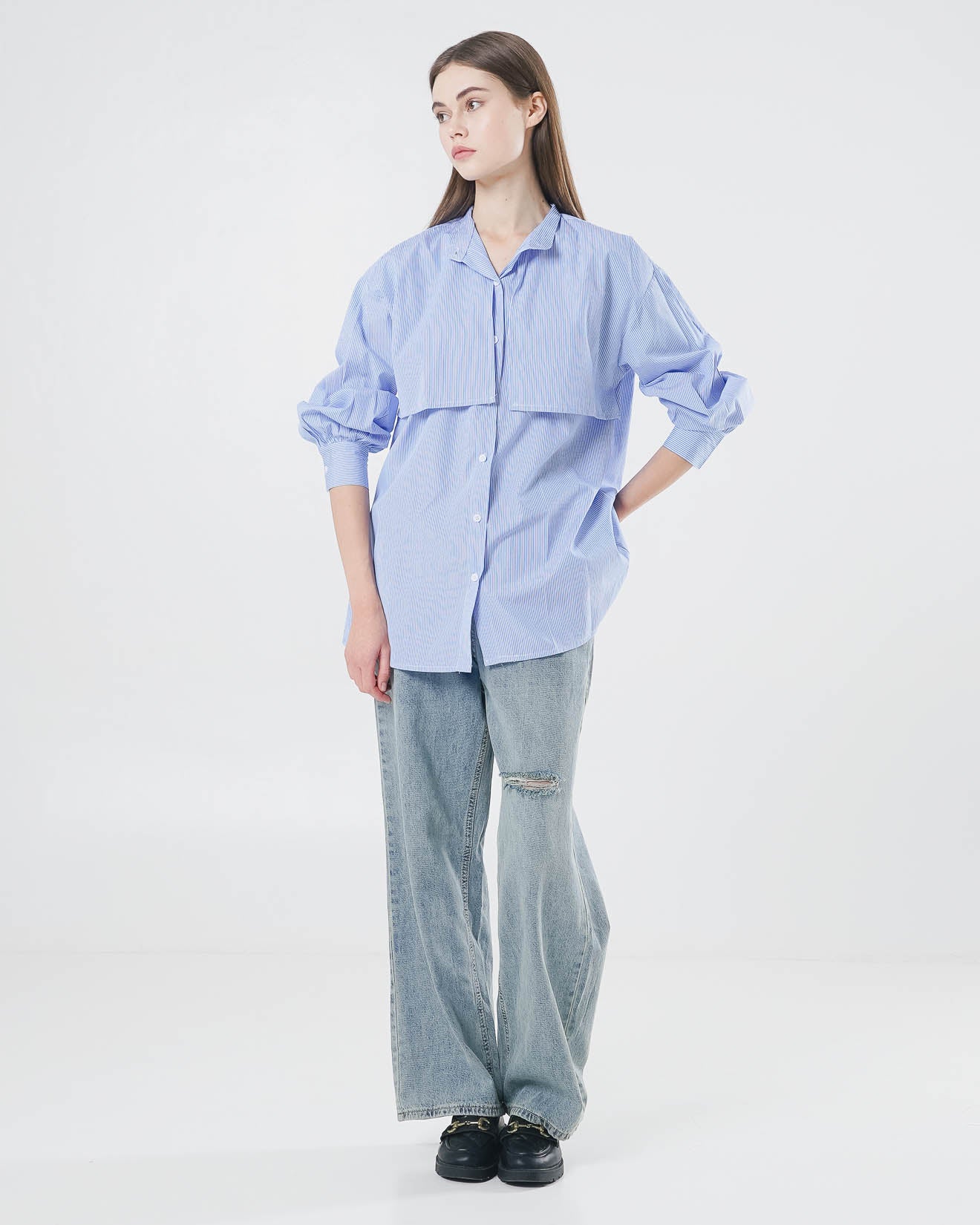 Gleen Oversized Striped Blue Shirt – Kemeja Lengan Panjang Wanita ( Hijab Friendly )