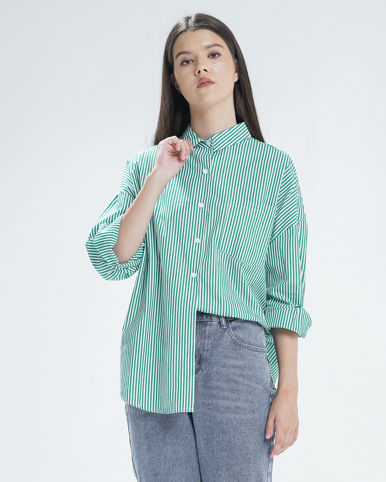 Amanda Oversized Stripe Green Shirt - Baju Atasan Wanita Lengan Panjang ( RESTOCK )