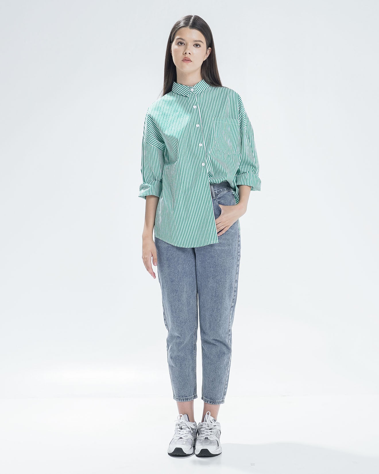 Amanda Oversized Stripe Green Shirt - Baju Atasan Wanita Lengan Panjang ( RESTOCK )