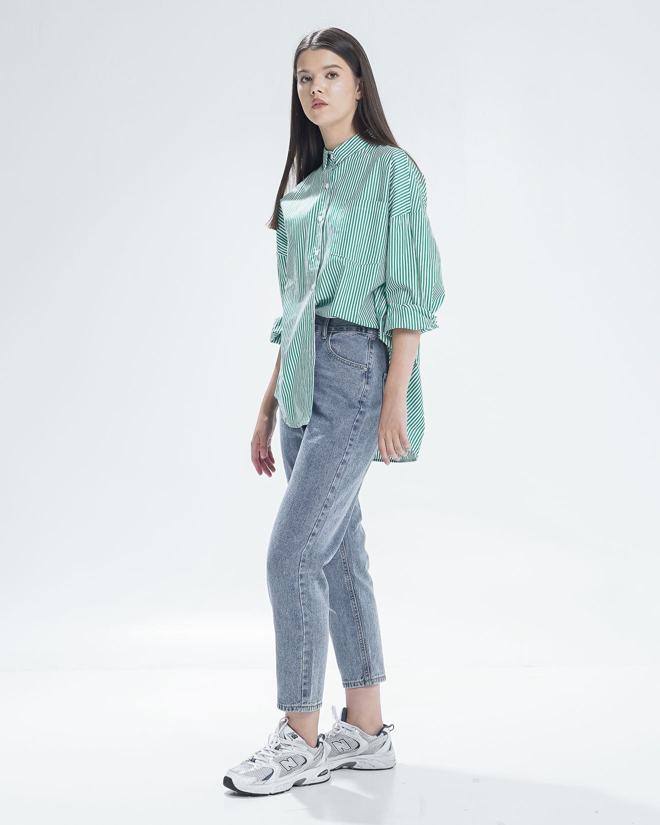 Amanda Oversized Stripe Green Shirt - Baju Atasan Wanita Lengan Panjang ( RESTOCK )