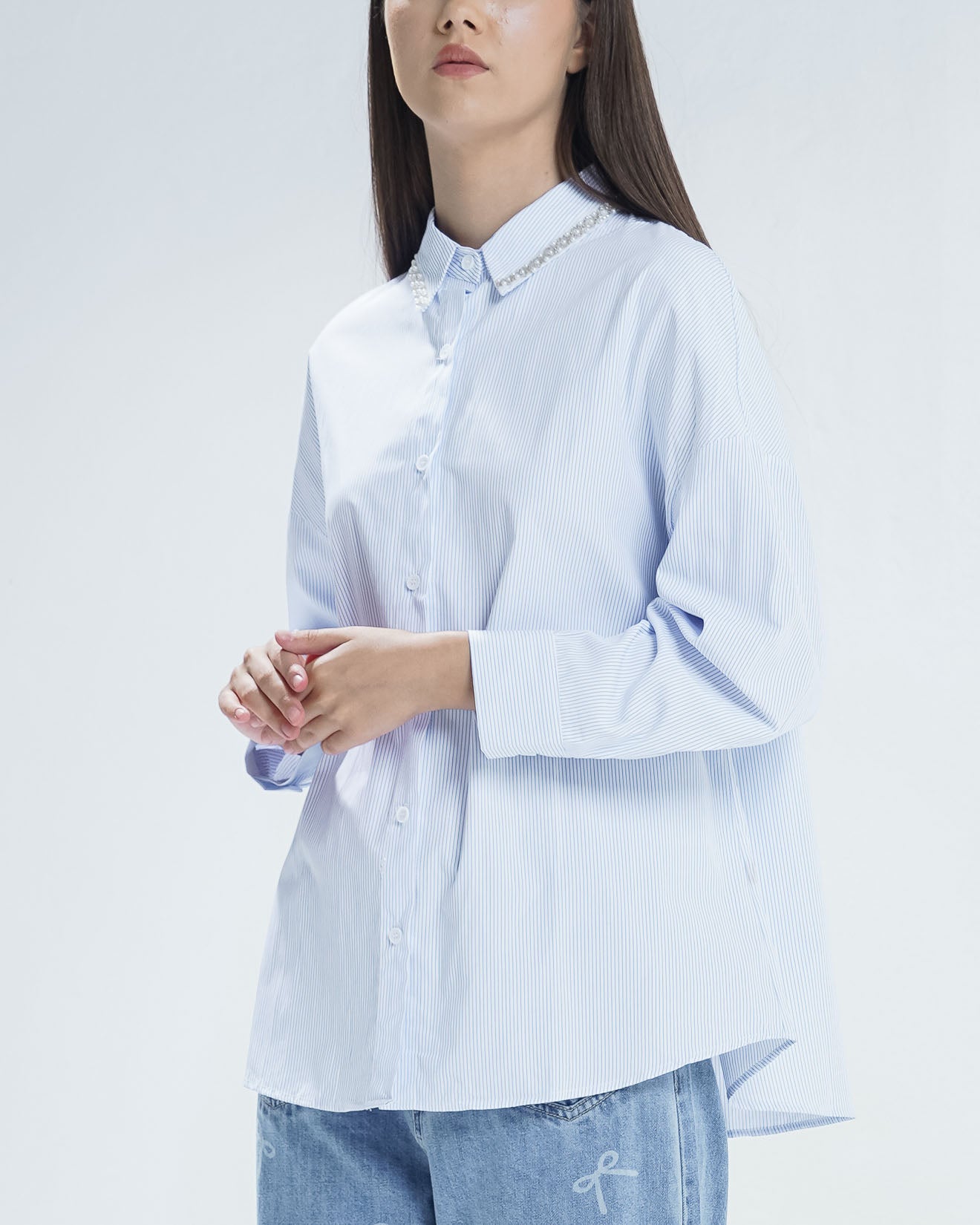 Joselle Oversize Shirt Blue - Baju Atasan Wanita Lengan Panjang Hijab Friendly